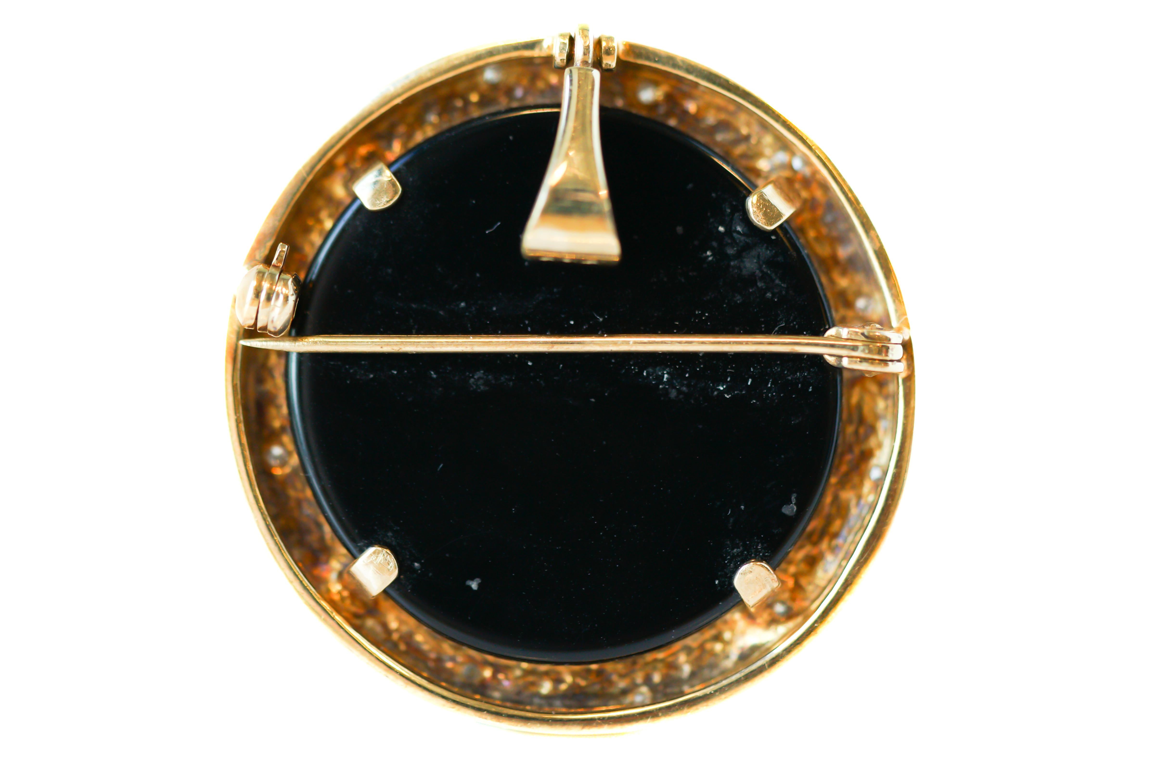 1940s Retro Cameo Brooch and Pendant - 14 Karat Yellow Gold, Diamonds

Features:
Blue and White Cameo Center piece
Cameo shows a Woman's head in profile with curling hair, wearing a floral garland. Cameo is set in a shining 14 Karat Yellow Gold