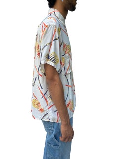 1940S CAMPUS Off White Tropical Rayon & Silk Bamboo Pineapple Hawaiian Shirt