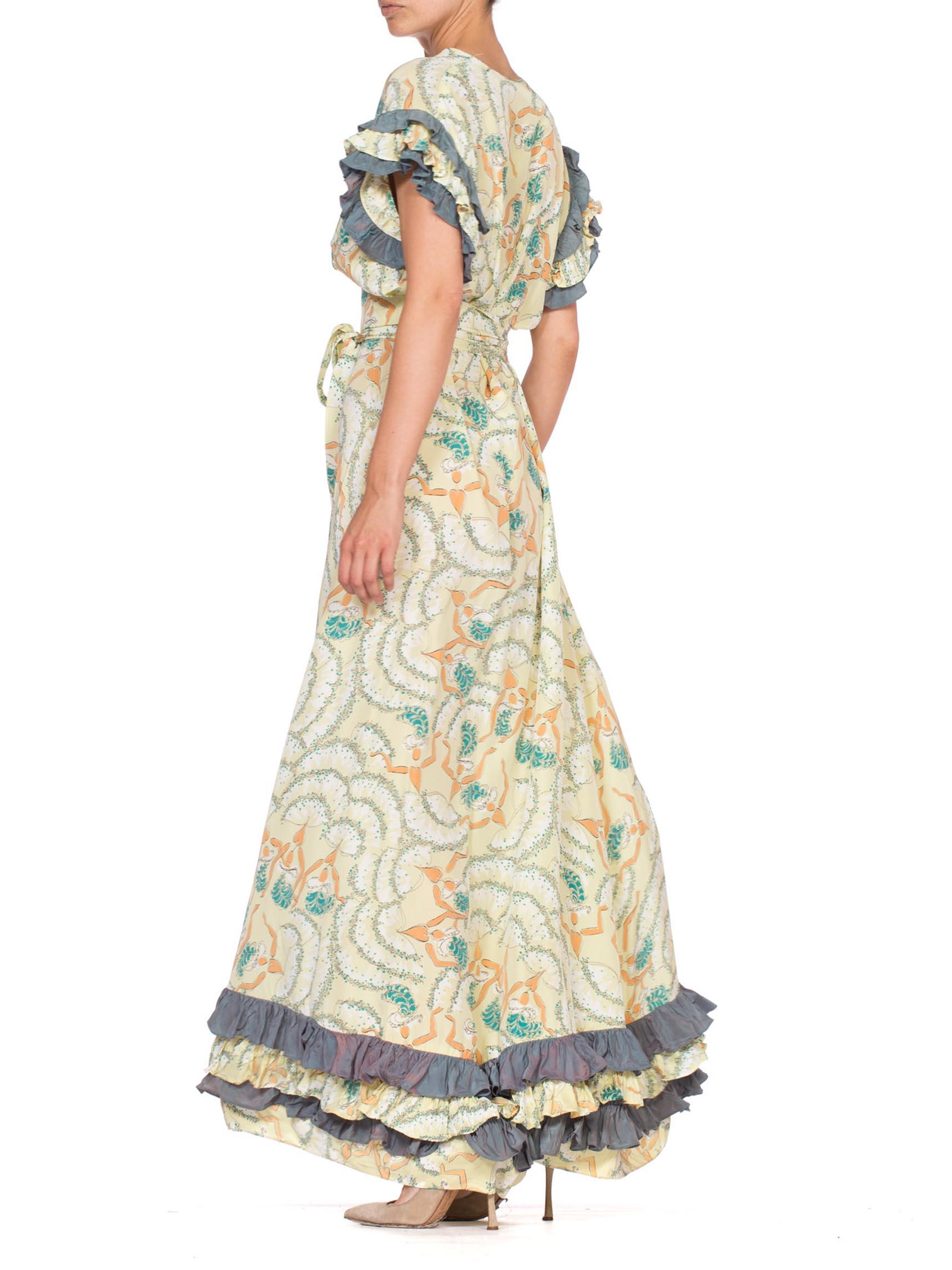1940'S Can-Can Dancer Novelty Print Cold Rayon Gown With Ruffles Dress In Excellent Condition In New York, NY