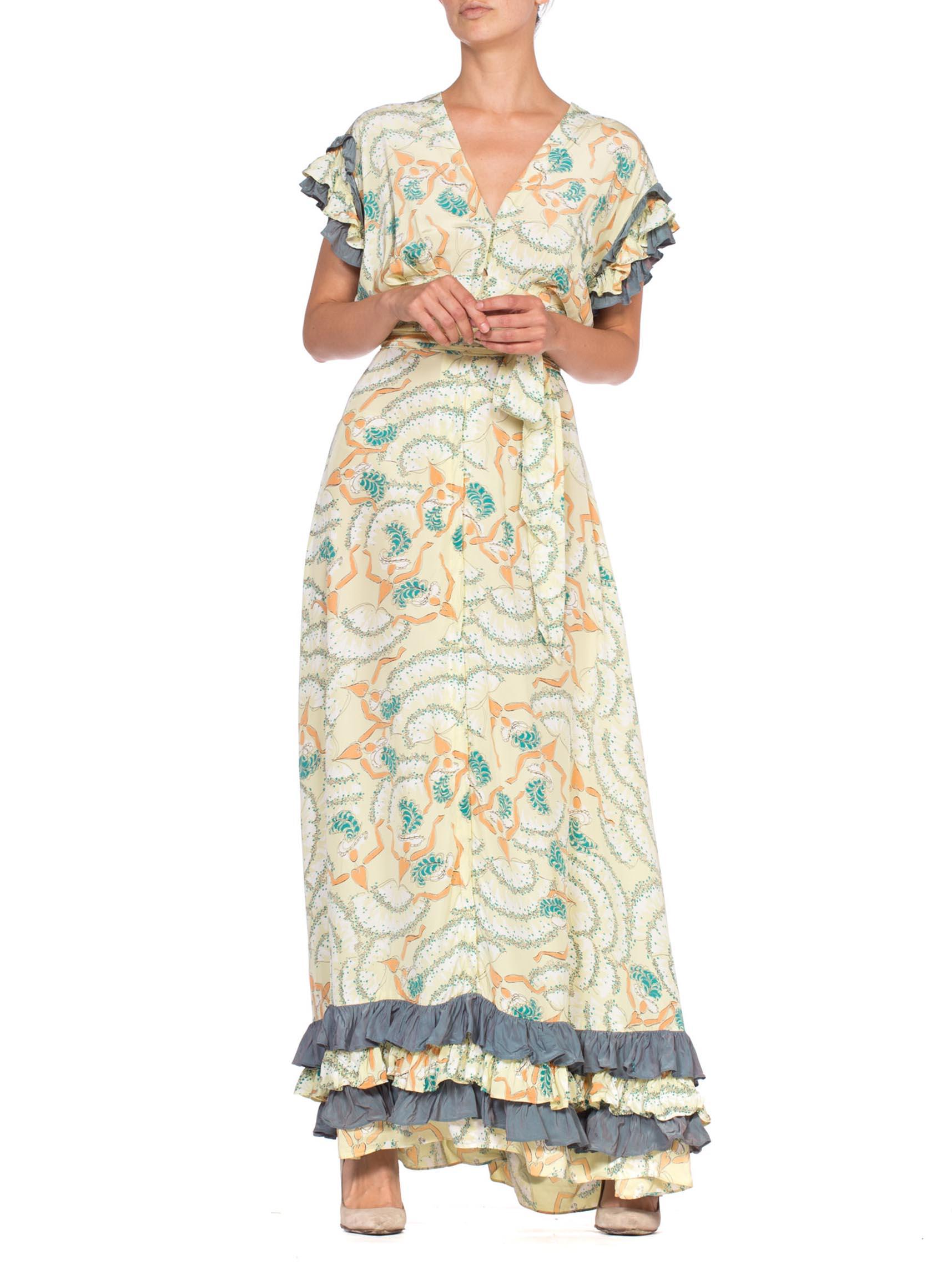Women's 1940'S Can-Can Dancer Novelty Print Cold Rayon Gown With Ruffles Dress