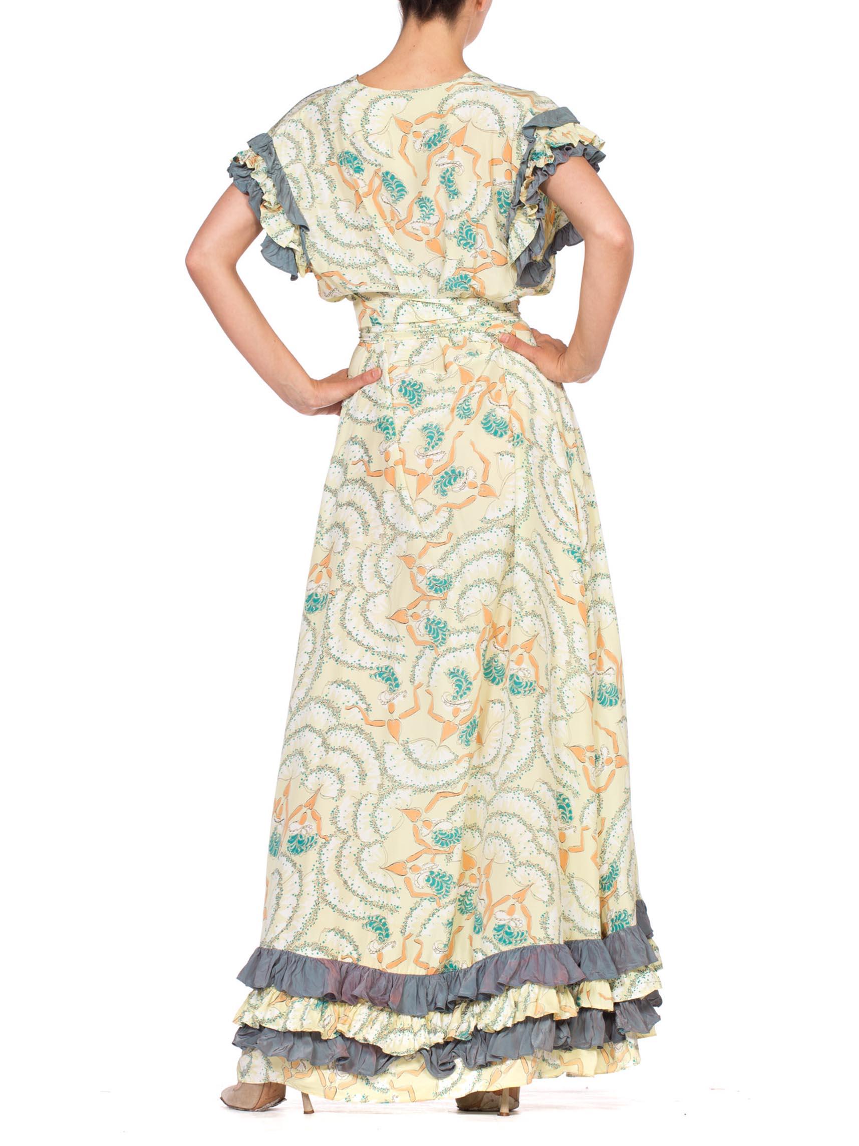 1940'S Can-Can Dancer Novelty Print Cold Rayon Gown With Ruffles Dress 2