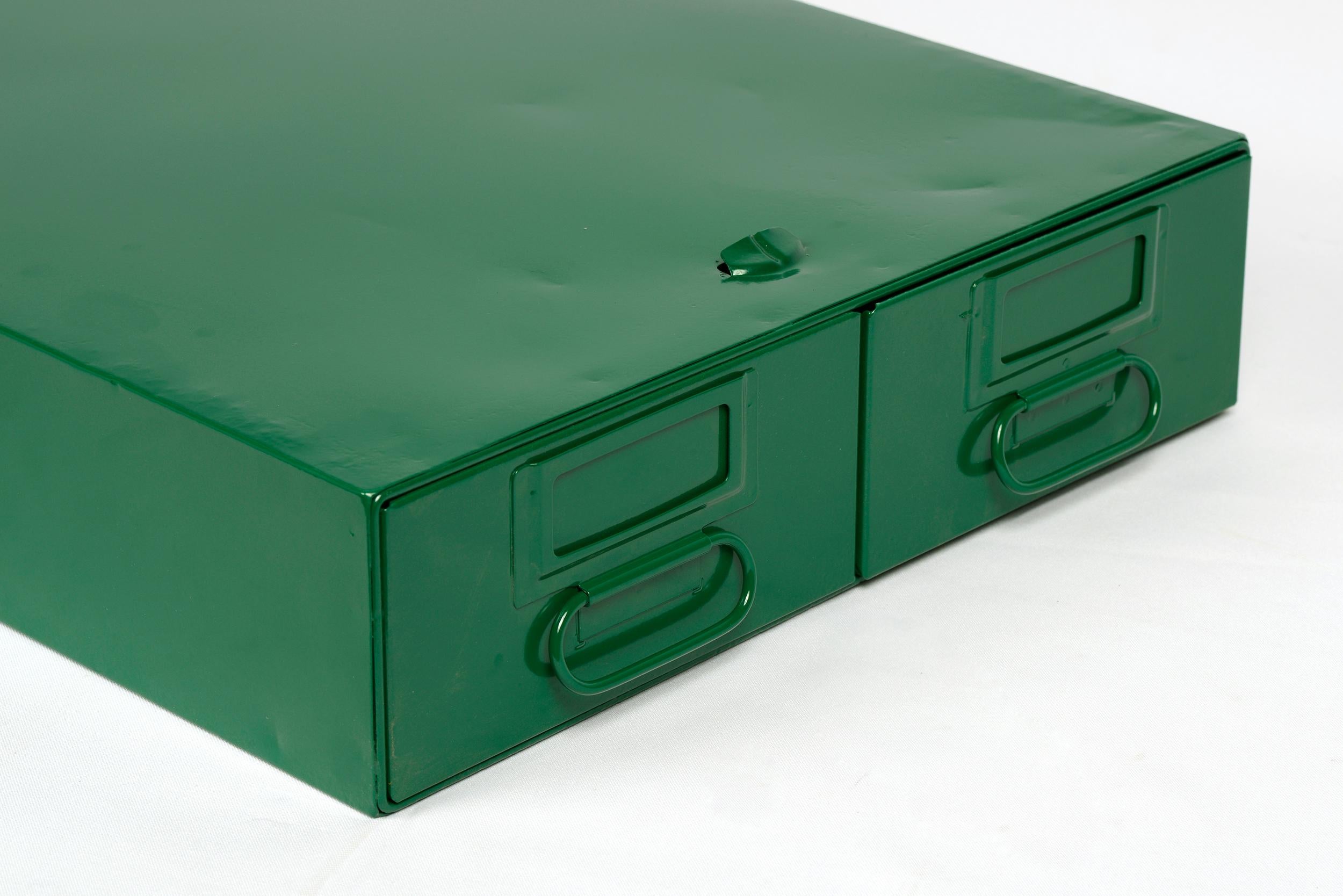 1940s card catalog filing unit with two deep, side by side pull-out drawers. Freshly powder coated steel in gloss Forest Green (GN13). This heavy-duty organizational unit is perfect for storing anything from office supplies to recipe cards. Great