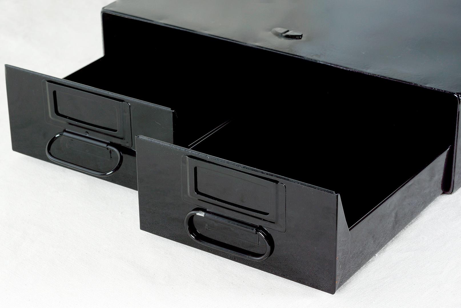 1940s card catalog filing unit with two deep, side by side pull-out drawers. Newly refinished steel in gloss black. This heavy-duty organizational unit is perfect for storing anything from office supplies to recipe cards. Great for stacking. 4