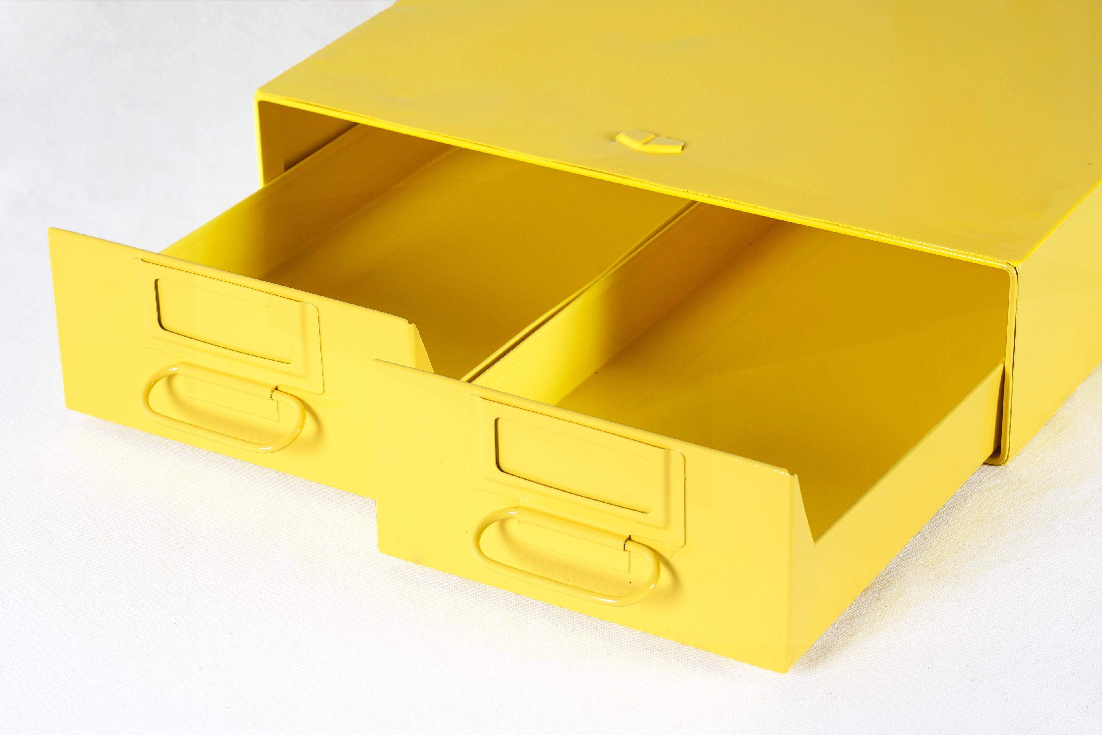 1940s card catalog filing unit with two deep, side by side pull-out drawers. Newly refinished steel in gloss Mellow Yellow powder coat (YL01). This heavy-duty organizational unit is perfect for storing anything from office supplies to recipe cards.
