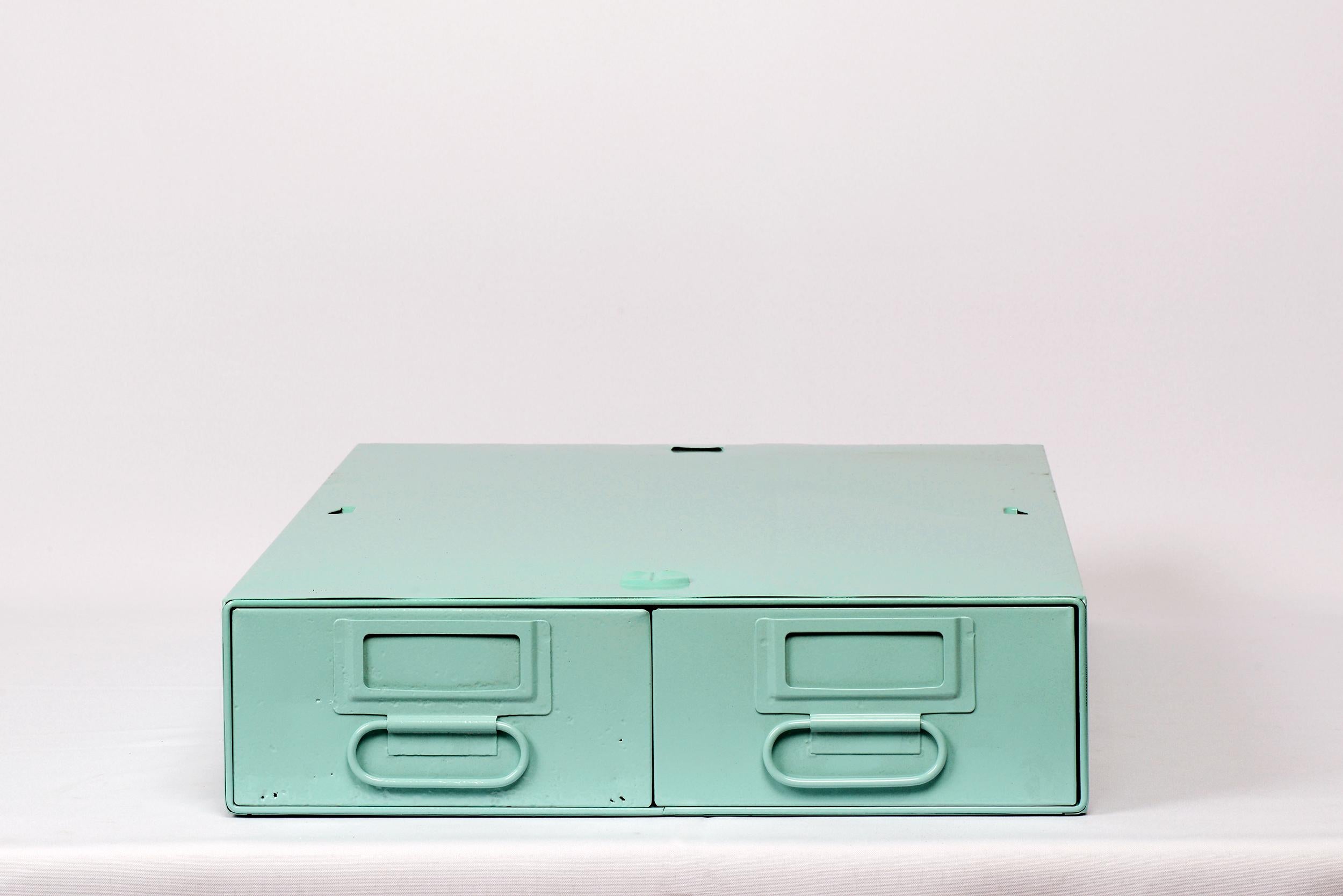 1940s card catalog filing unit with two deep, side by side pull-out drawers. Freshly powder coated steel in gloss 