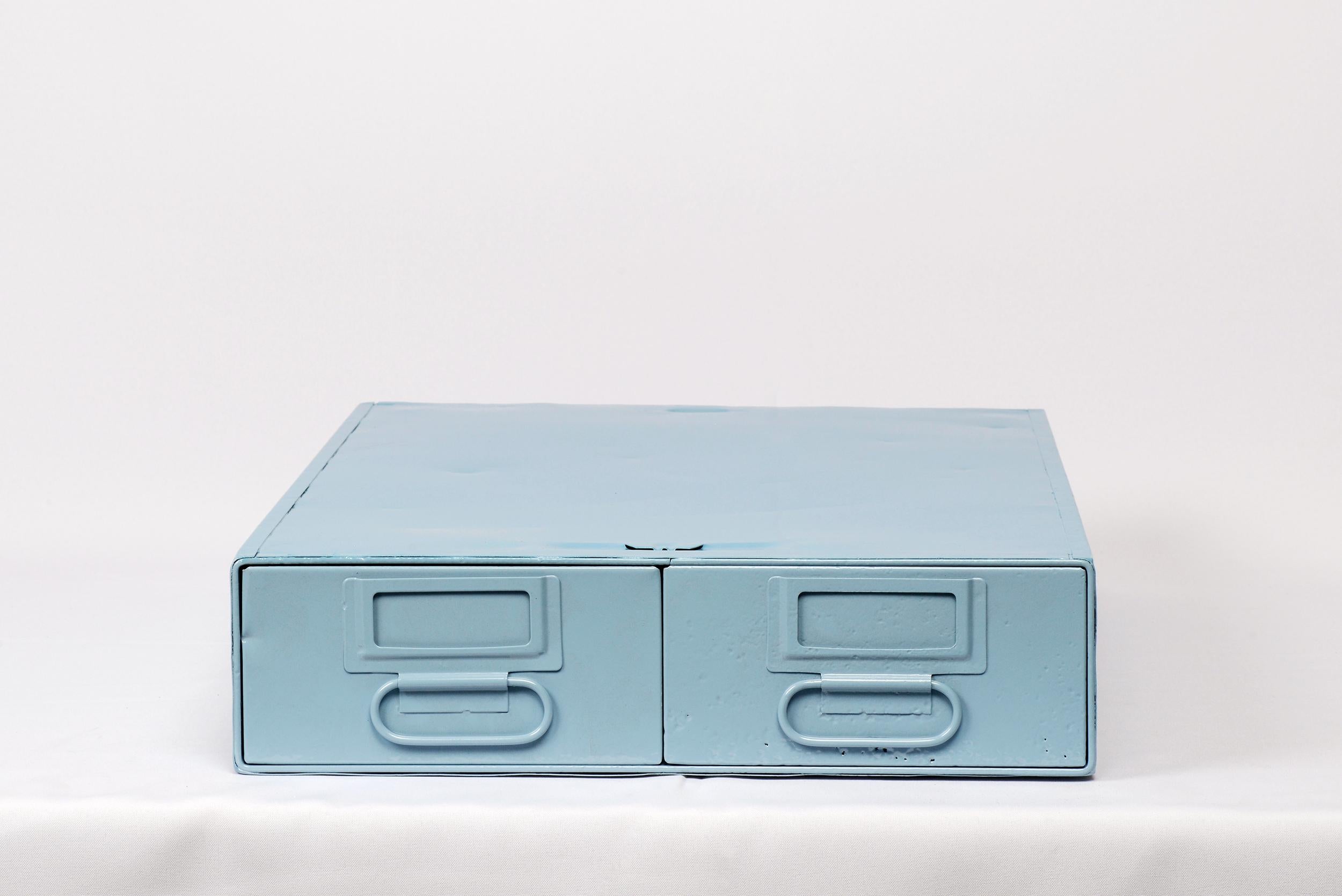 1940s card catalog filing unit with two deep, side by side pull-out drawers. Freshly powder coated steel in gloss sky blue (RAL5024). This heavy-duty organizational unit is perfect for storing anything from office supplies to recipe cards. Great for