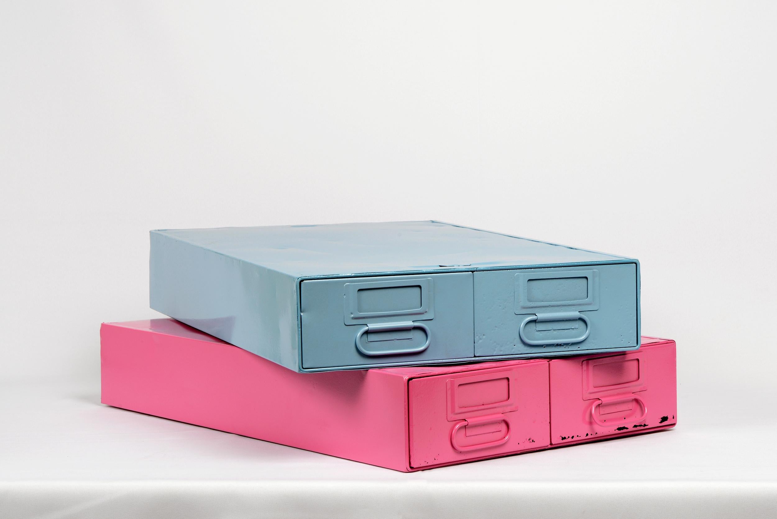 Powder-Coated 1940s Card Catalog File Drawers, Refinished in Sky Blue