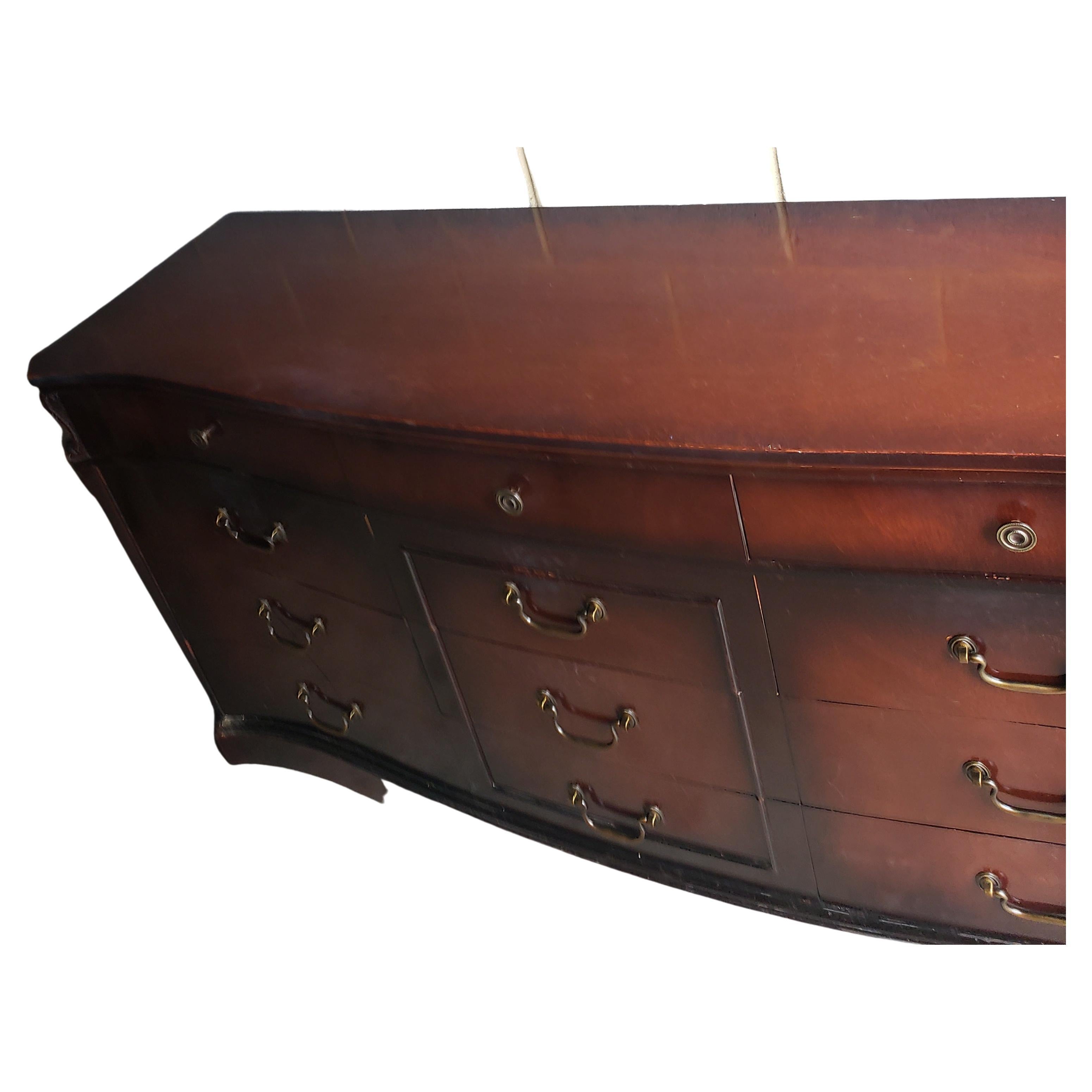 Chippendale 1940s Carlton House Mahogany 12-Drawer Triple Dresser For Sale