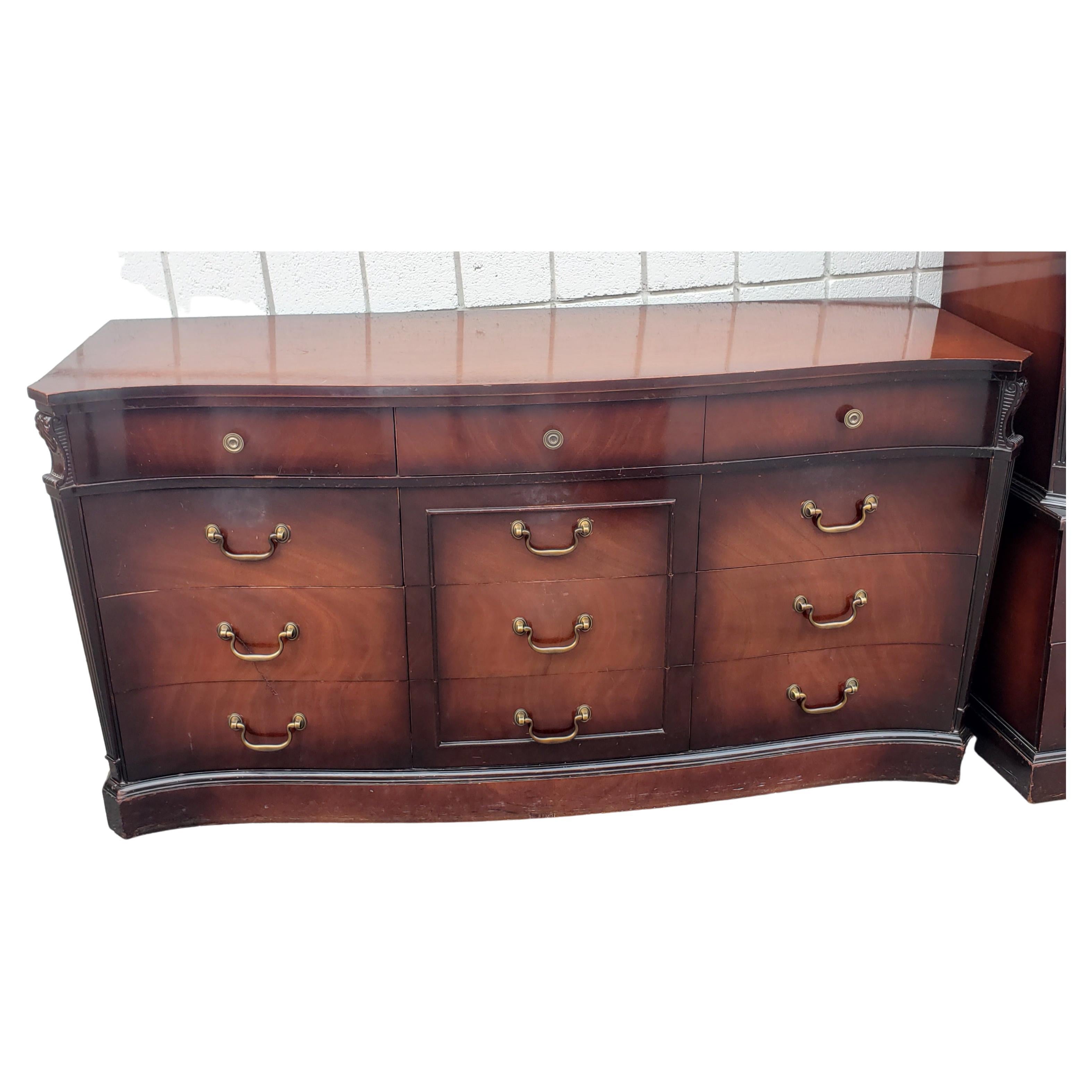 Woodwork 1940s Carlton House Mahogany 12-Drawer Triple Dresser For Sale