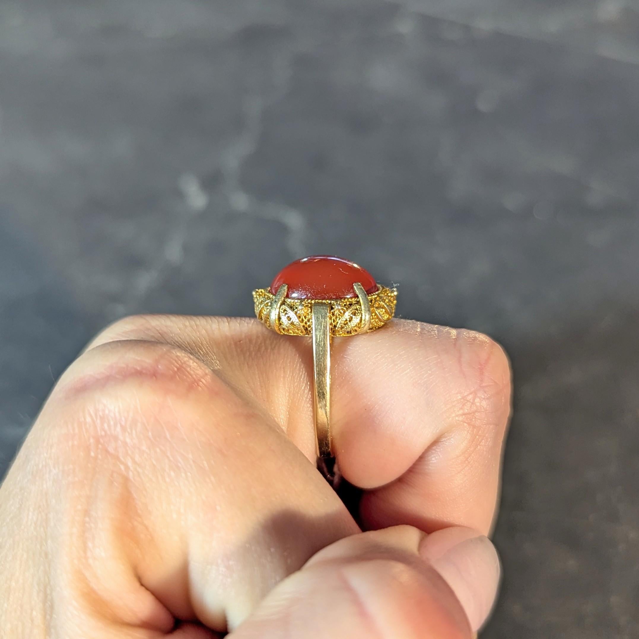 1940s Carnelian 14 Karat Yellow Gold Vintage Cabochon Filigree Ring 6