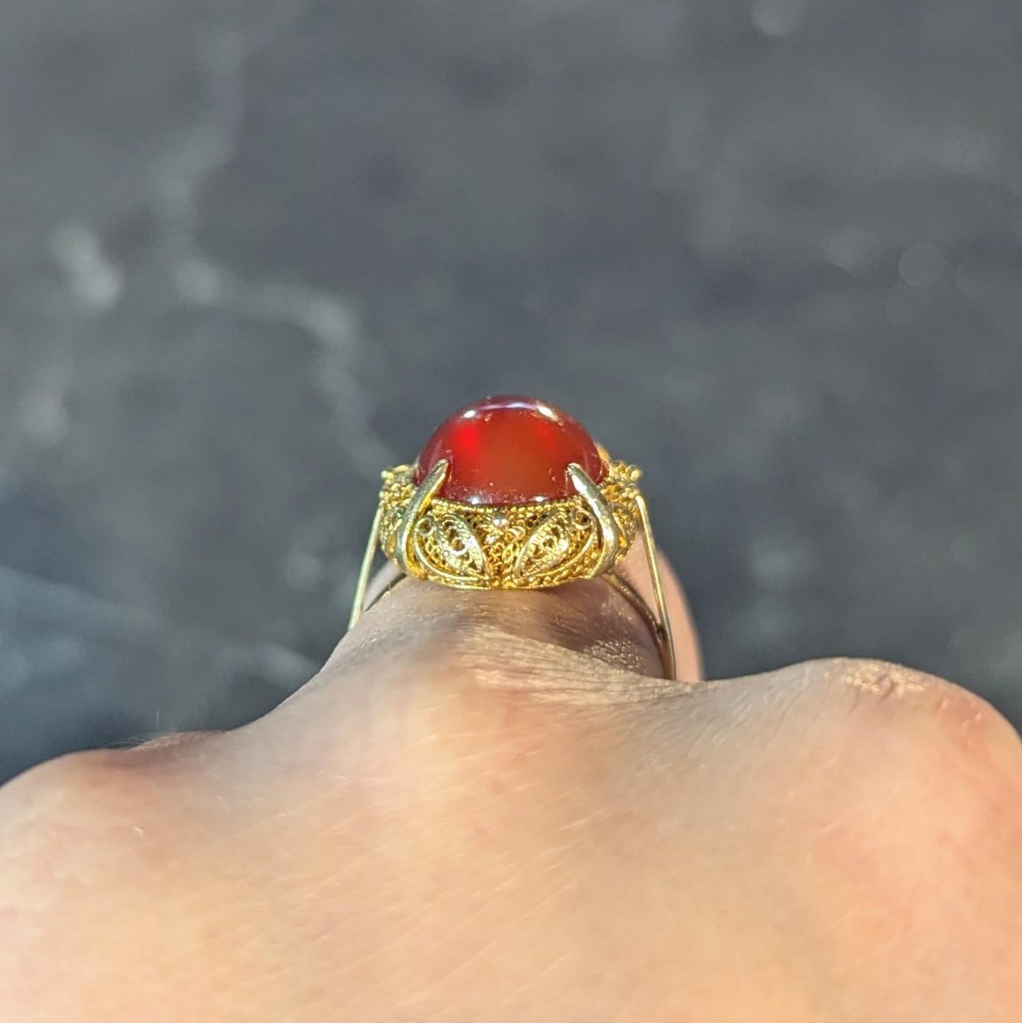 1940s Carnelian 14 Karat Yellow Gold Vintage Cabochon Filigree Ring 7