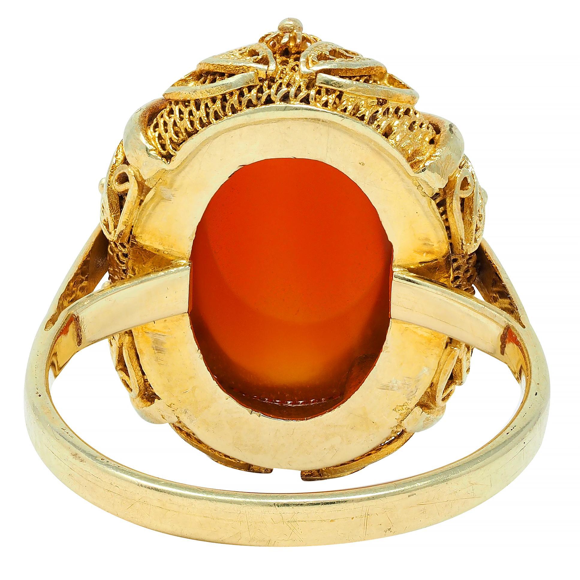 1940s Carnelian 14 Karat Yellow Gold Vintage Cabochon Filigree Ring 1