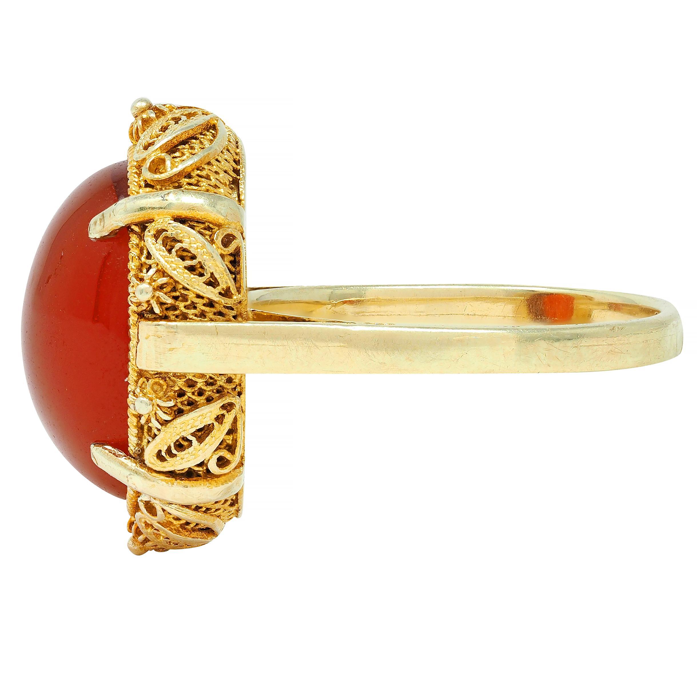1940s Carnelian 14 Karat Yellow Gold Vintage Cabochon Filigree Ring 2