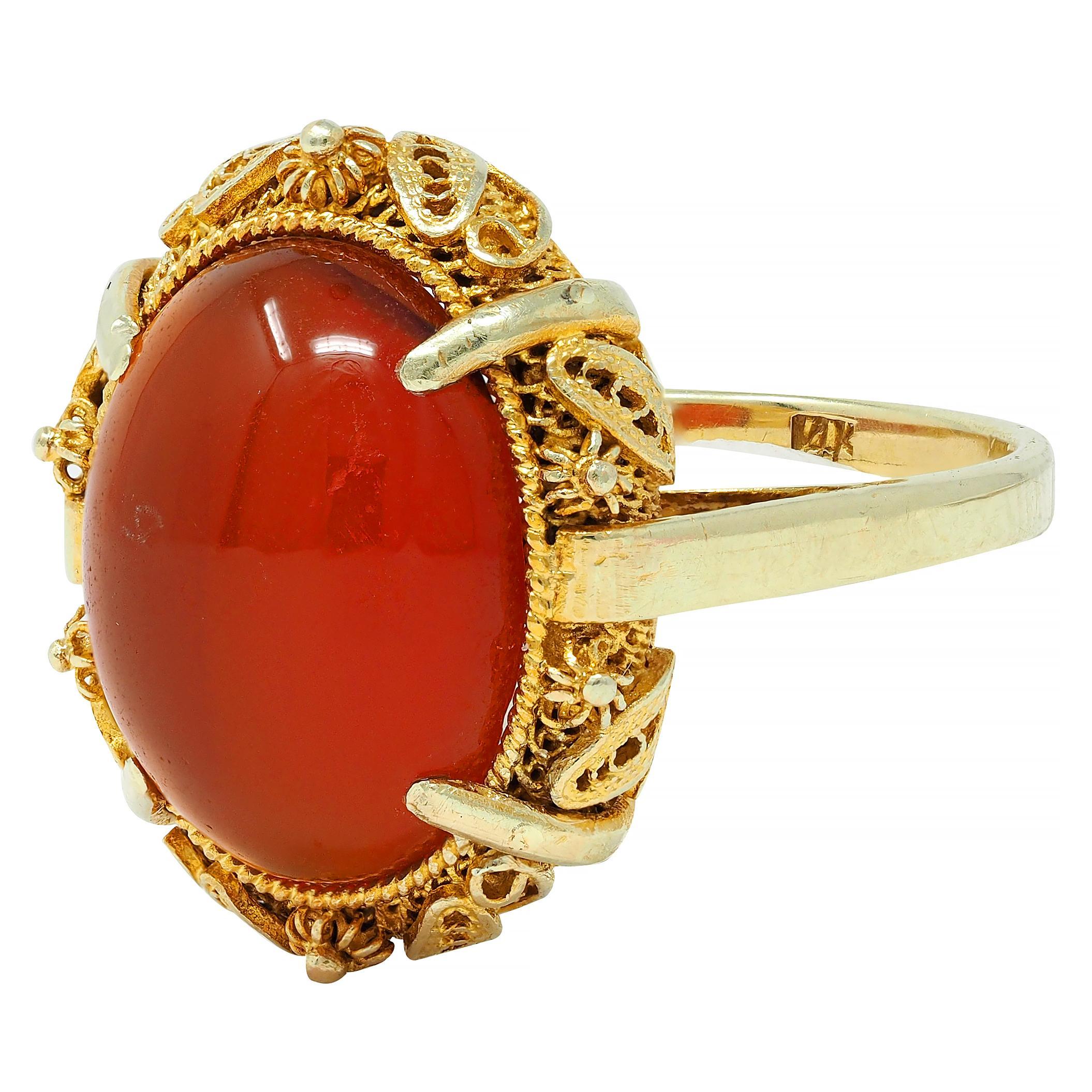 1940s Carnelian 14 Karat Yellow Gold Vintage Cabochon Filigree Ring 3