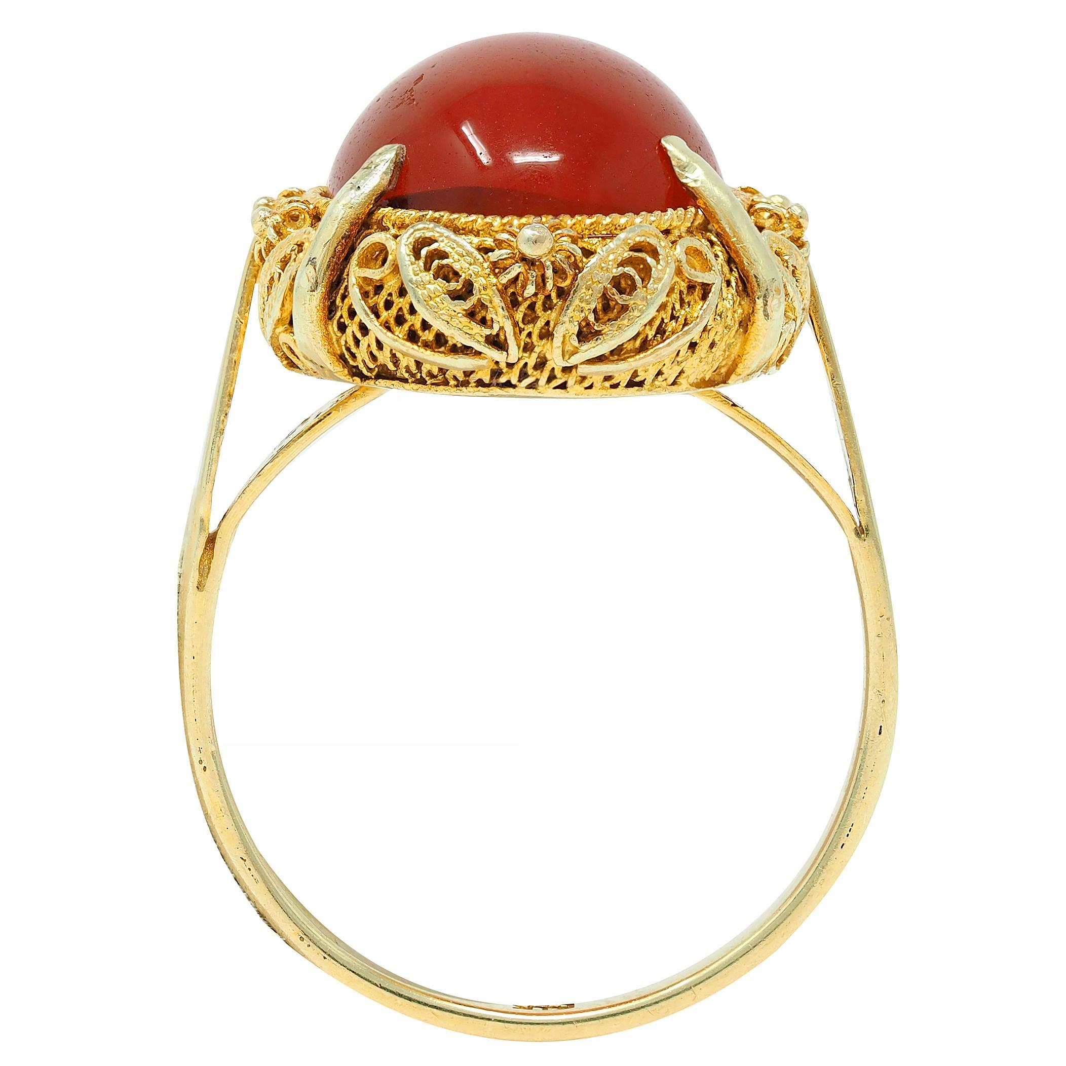 1940s Carnelian 14 Karat Yellow Gold Vintage Cabochon Filigree Ring 5
