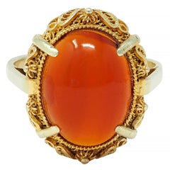 Bague filigrane vintage cabochon en or jaune 14 carats et cornaline des années 1940
