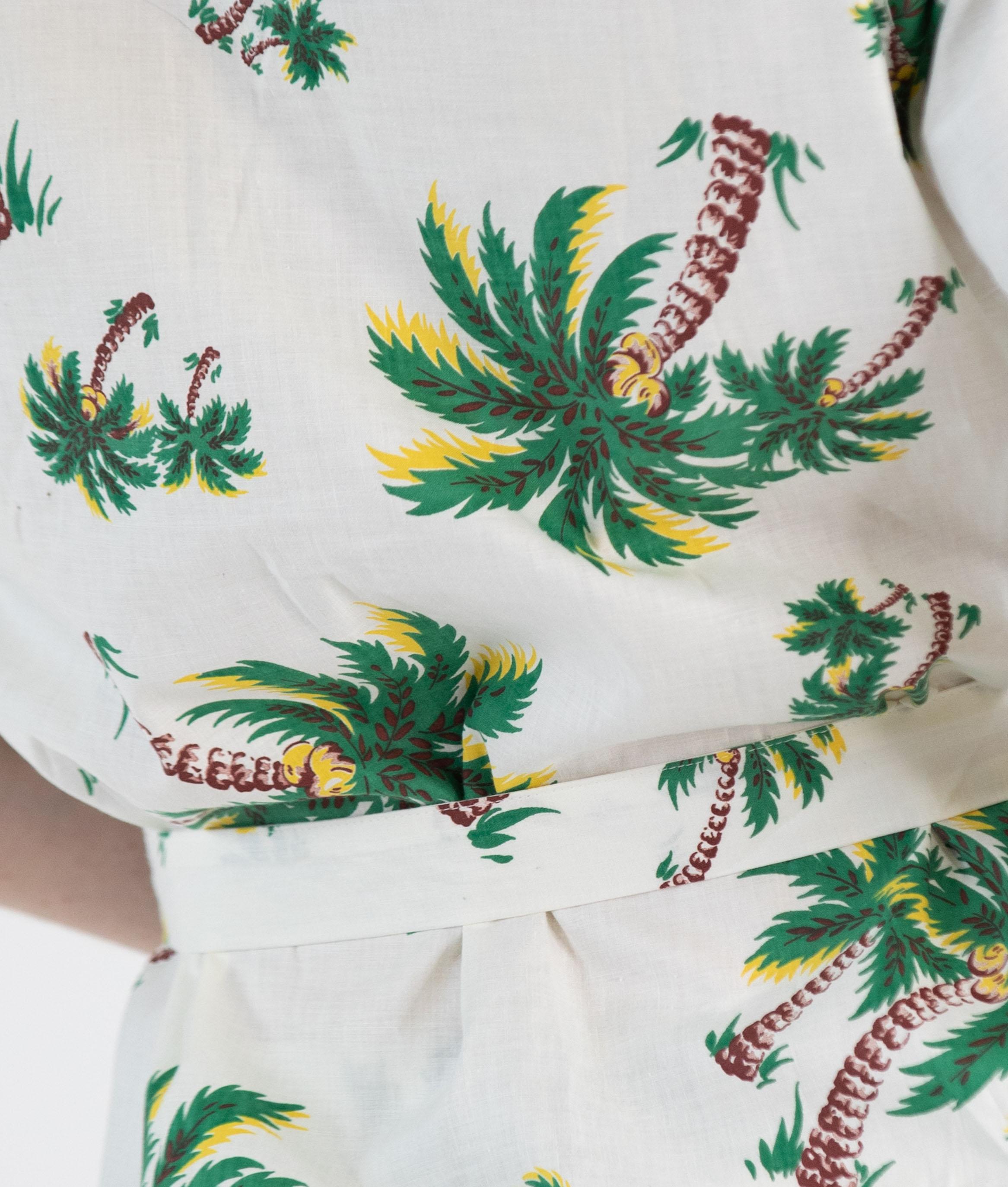 1940S CAROL BRENT Weiß Deadstock Baumwolle Palm Tree Pyjamas mit Quaste Gürtel im Angebot 7