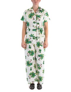 1940S CAROL BRENT White Deadstock Cotton Palm Tree Pajamas With Tassel Belt