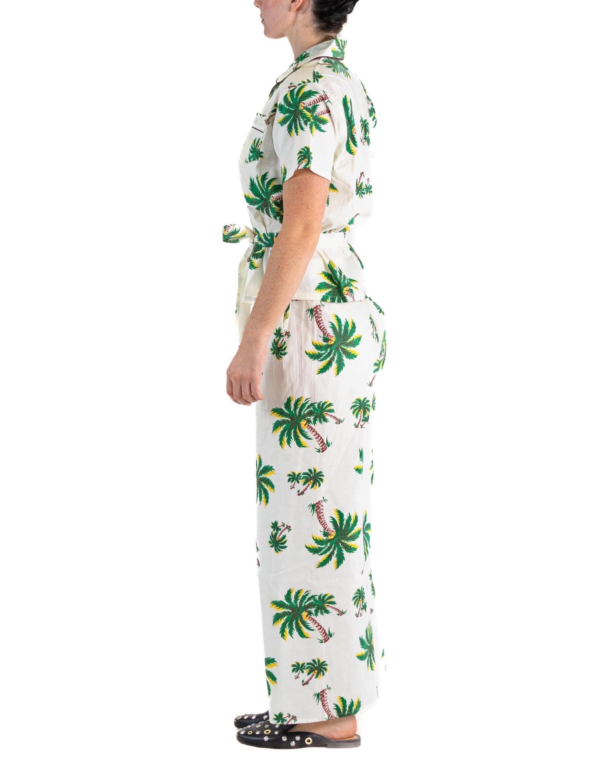 Women's 1940S CAROL BRENT White Deadstock Cotton Palm Tree Pajamas With Tassel Belt For Sale