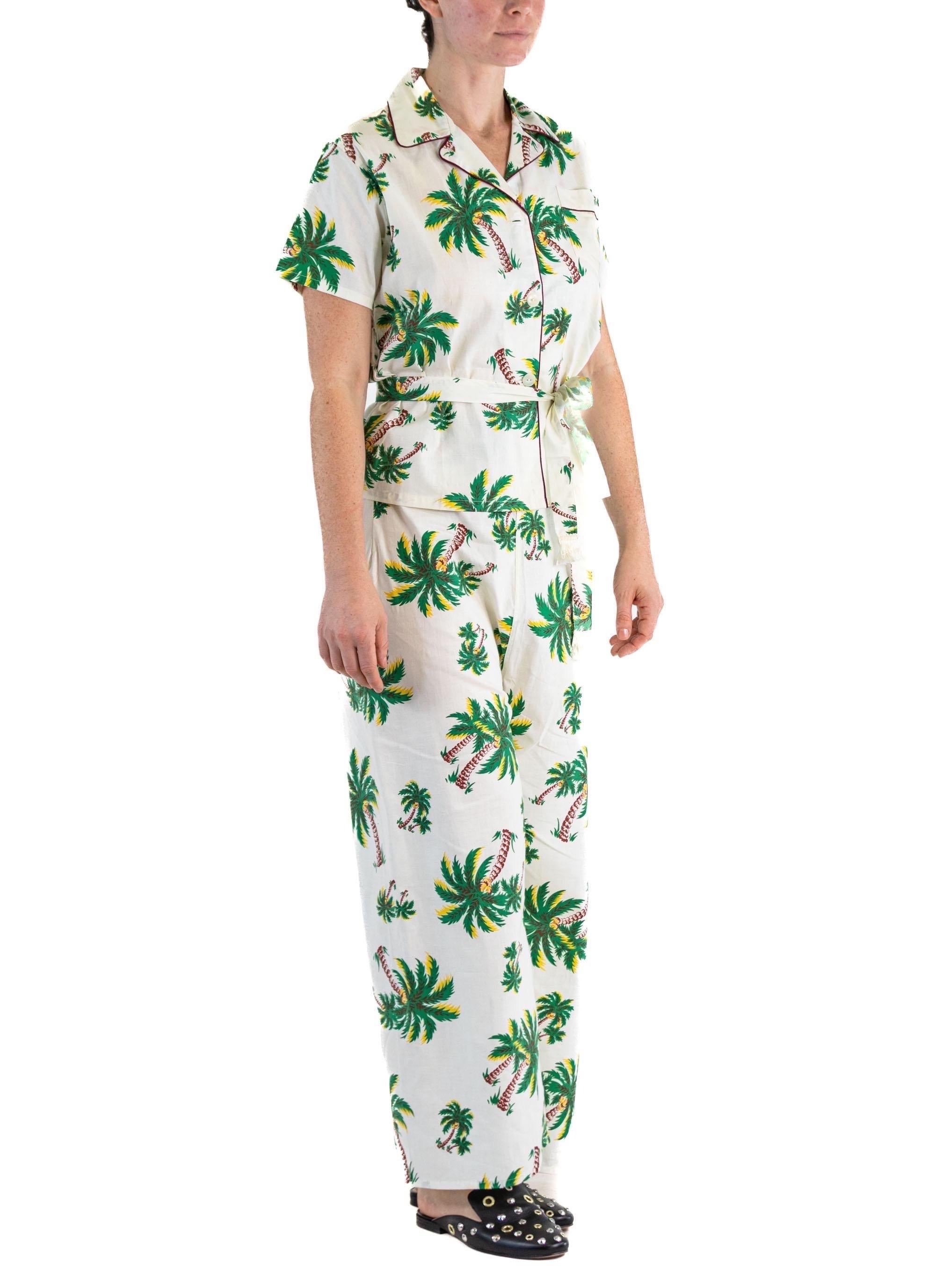 1940S CAROL BRENT White Deadstock Cotton Palm Tree Pajamas With Tassel Belt For Sale 1