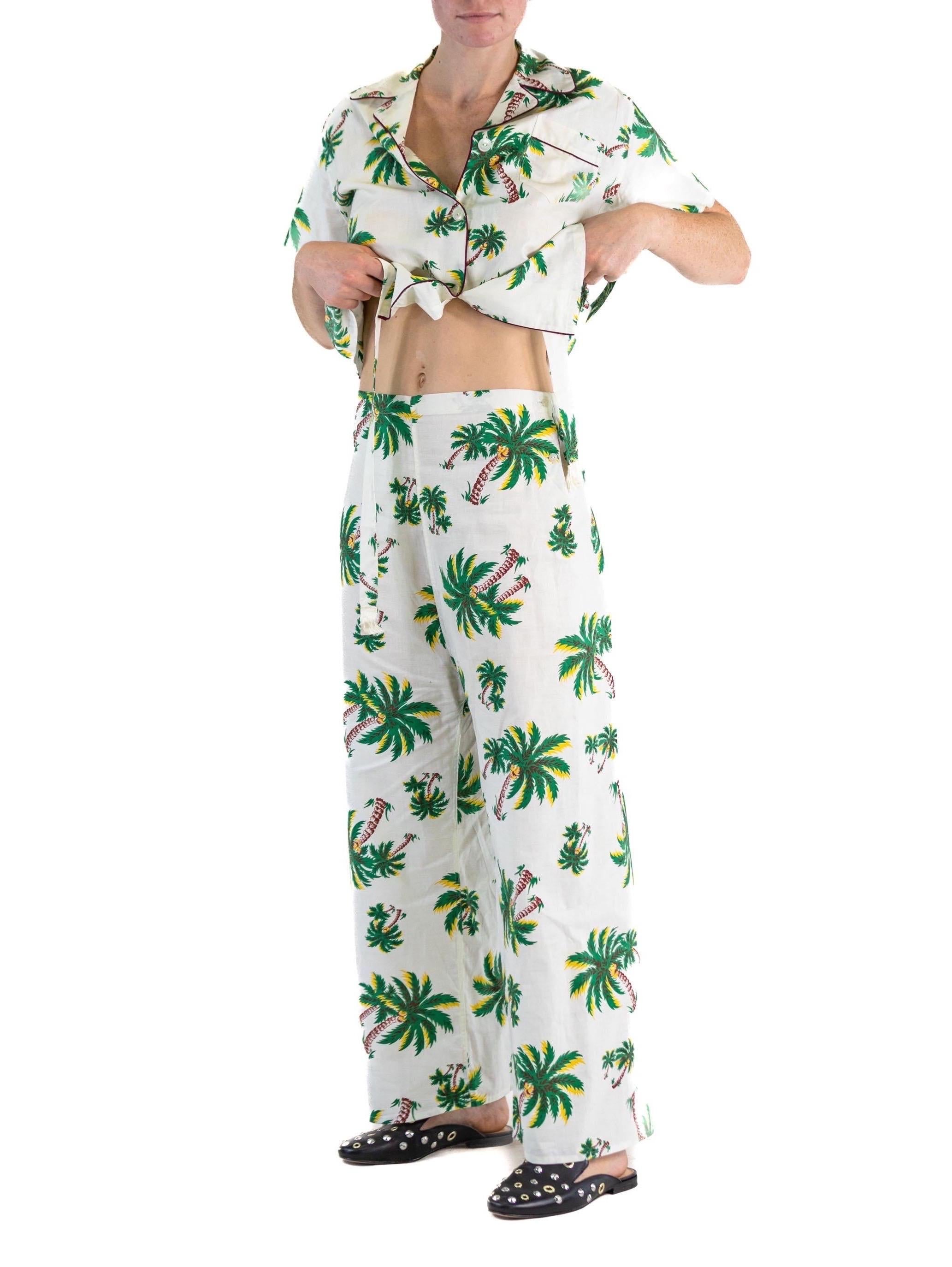 1940S CAROL BRENT White Deadstock Cotton Palm Tree Pajamas With Tassel Belt For Sale 2