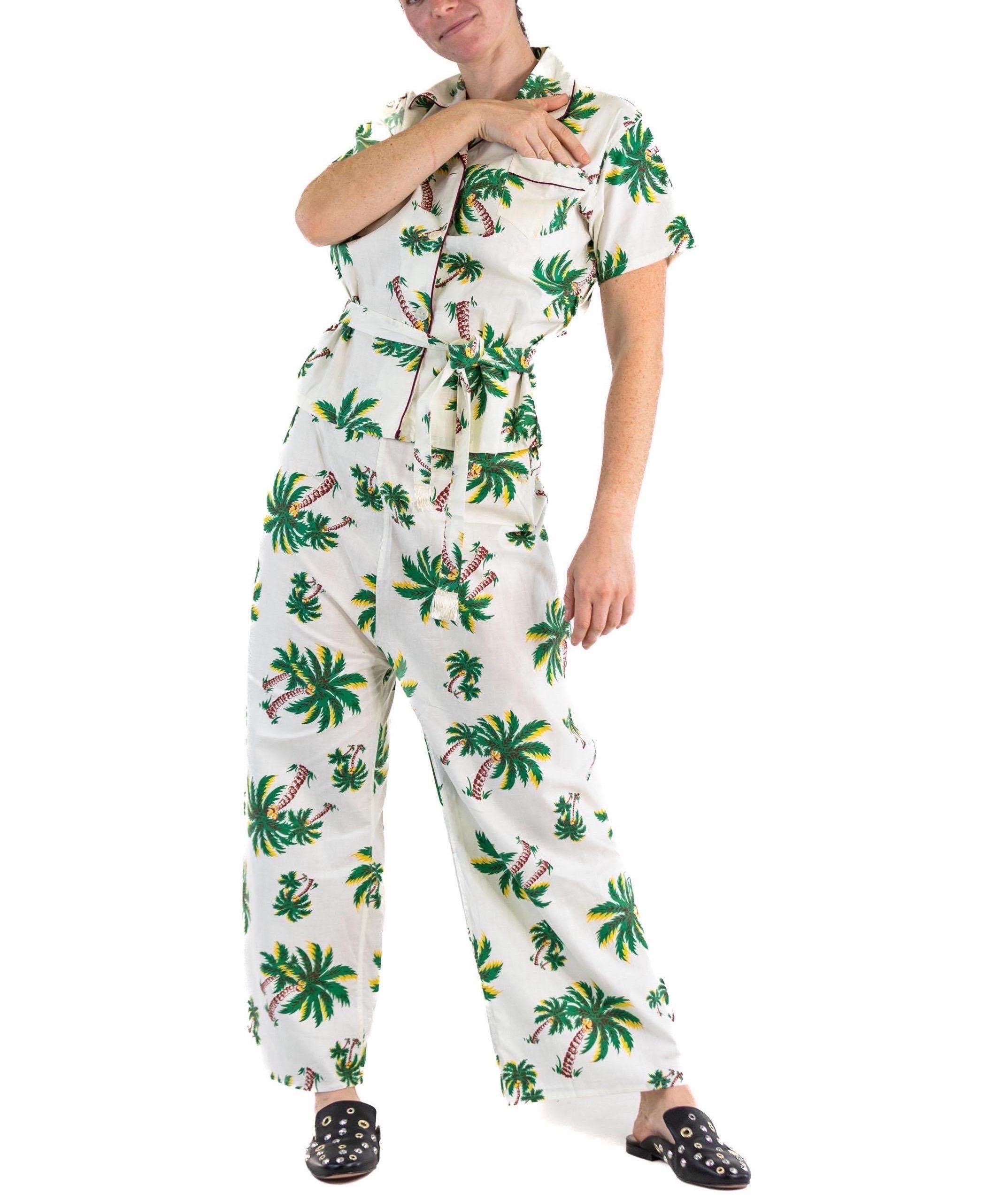 1940S CAROL BRENT White Deadstock Cotton Palm Tree Pajamas With Tassel Belt For Sale 3