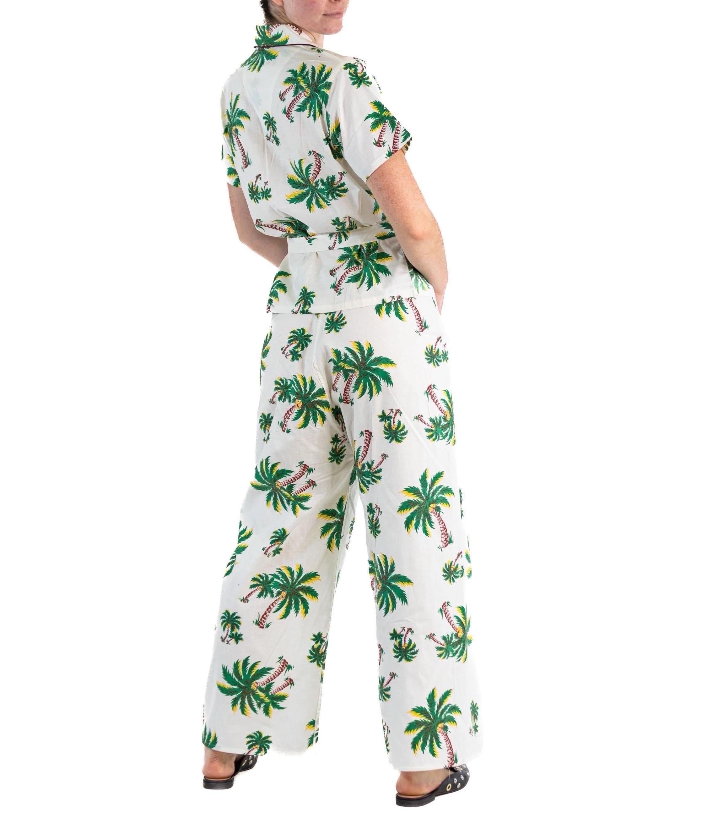 1940S CAROL BRENT White Deadstock Cotton Palm Tree Pajamas With Tassel Belt For Sale 4