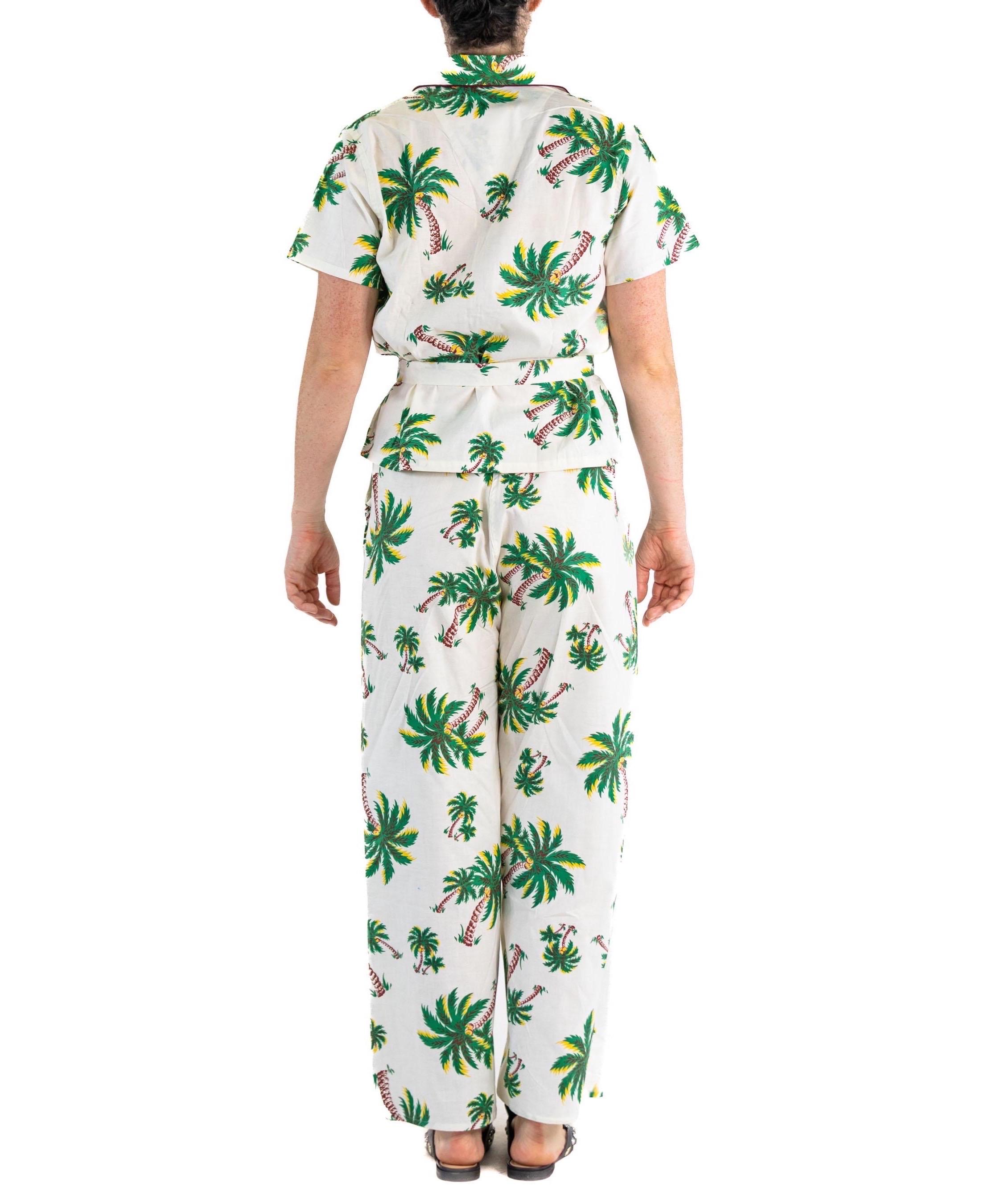1940S CAROL BRENT White Deadstock Cotton Palm Tree Pajamas With Tassel Belt For Sale 5