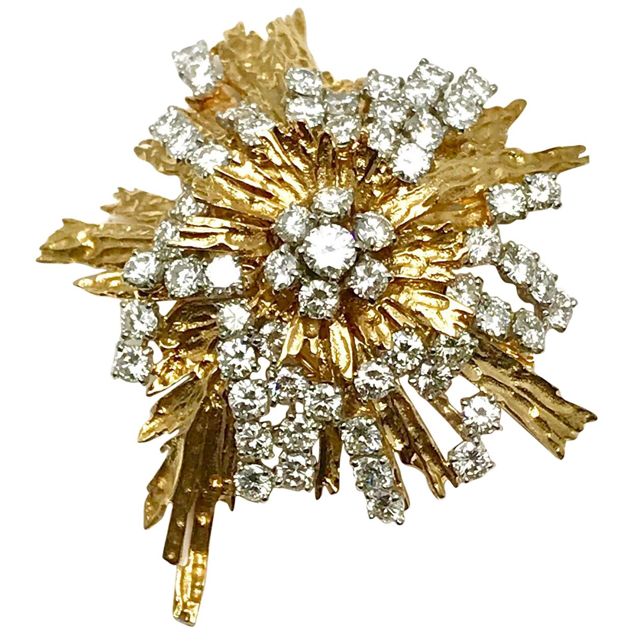 1960s Cartier Paris 5.00 Carat Round Diamond Yellow Gold Spray Brooch