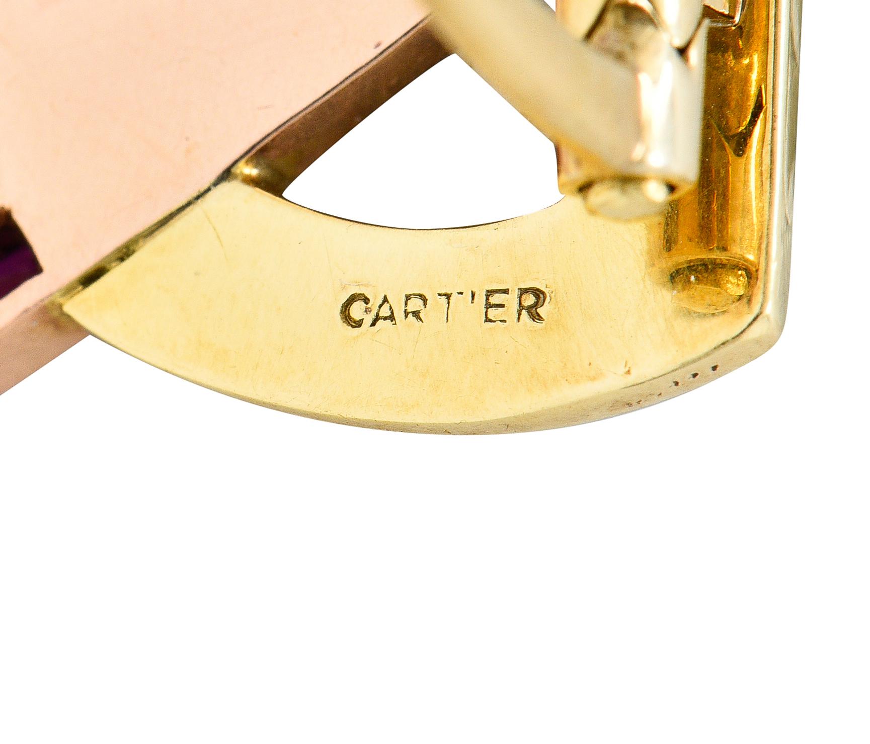 1940's Cartier Ruby Diamond 14 Karat Yellow Gold Fanned Retro Unisex Clip Brooch For Sale 1