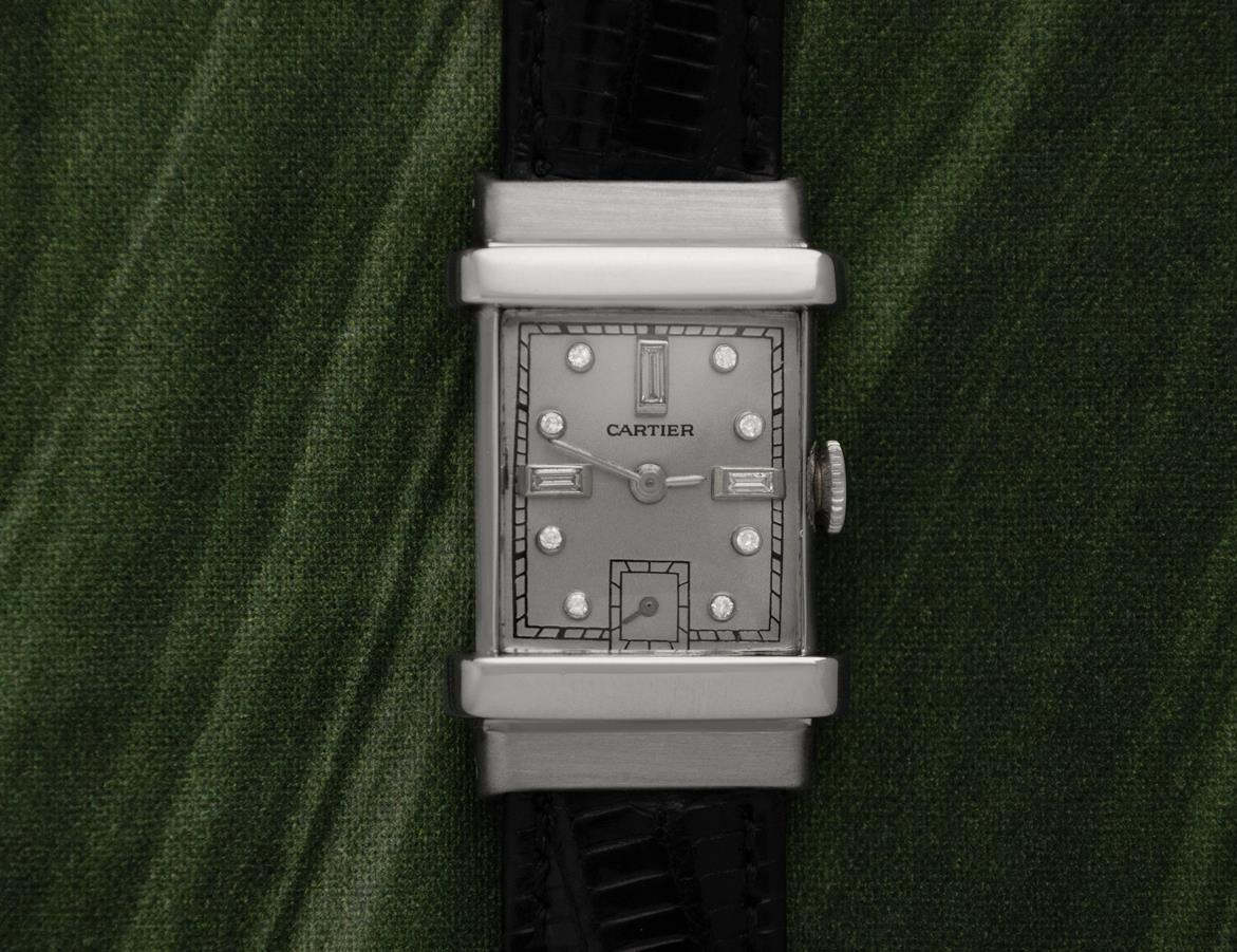 1940's Cartier Vintage Art Deco Mens Top Hat Wristwatch - Palladium & Diamonds In Excellent Condition In Suwanee, GA