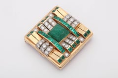 1940s Carved Emerald with Square Cut Emeralds and Diamonds Geometric Clip Brooch