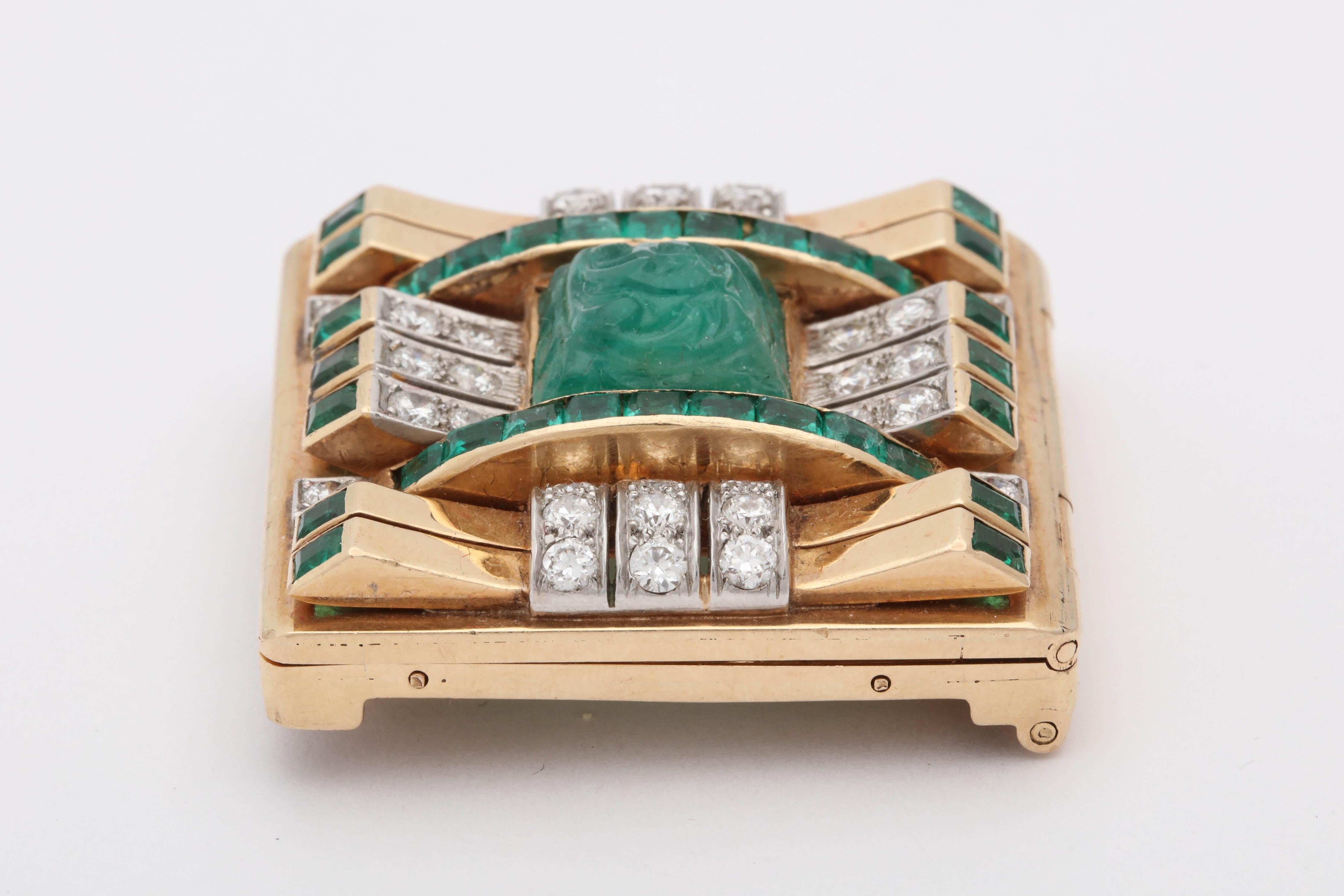 1940s Carved Emerald with Square Cut Emeralds and Diamonds Geometric Clip Brooch In Good Condition For Sale In New York, NY