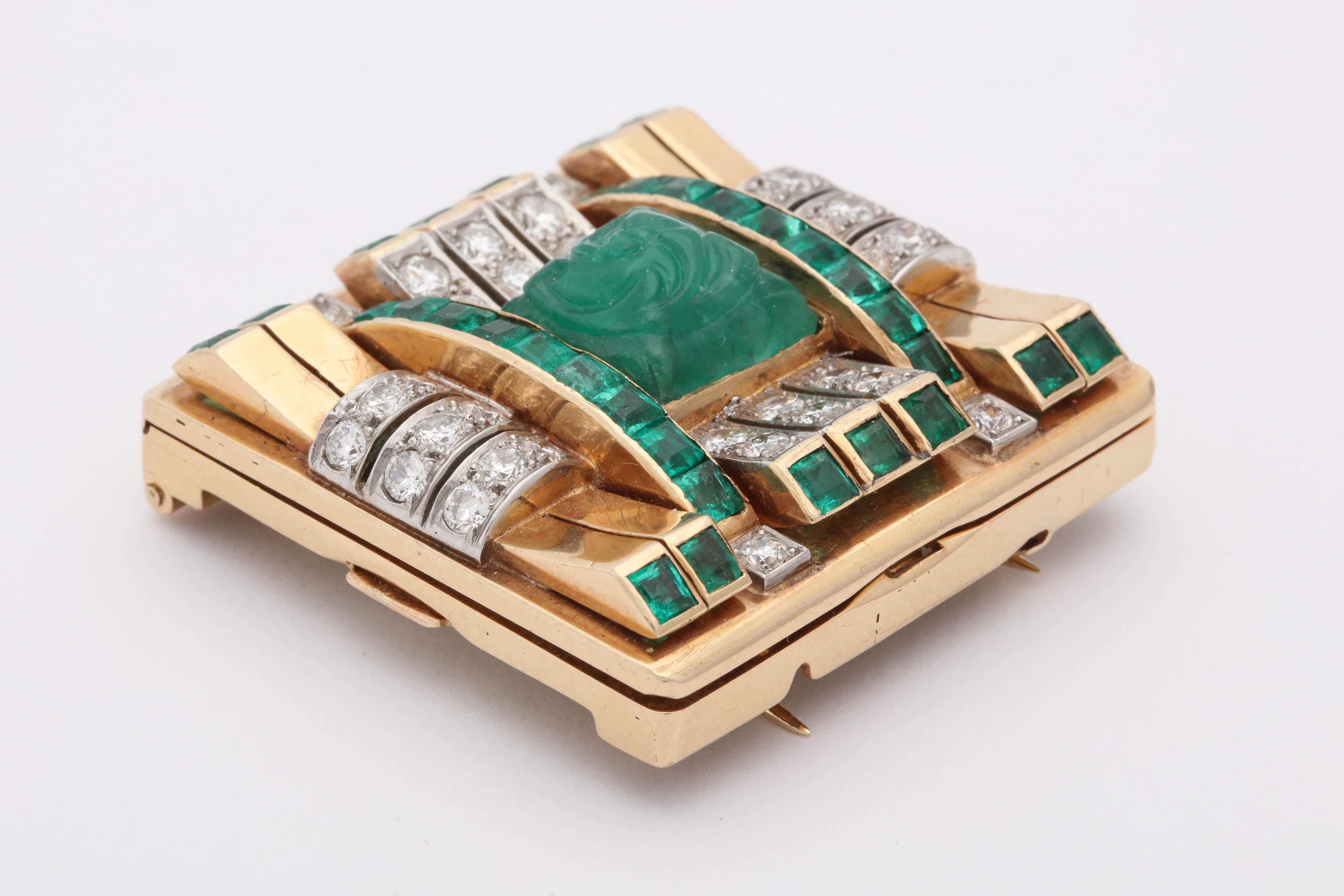 Women's 1940s Carved Emerald with Square Cut Emeralds and Diamonds Geometric Clip Brooch For Sale