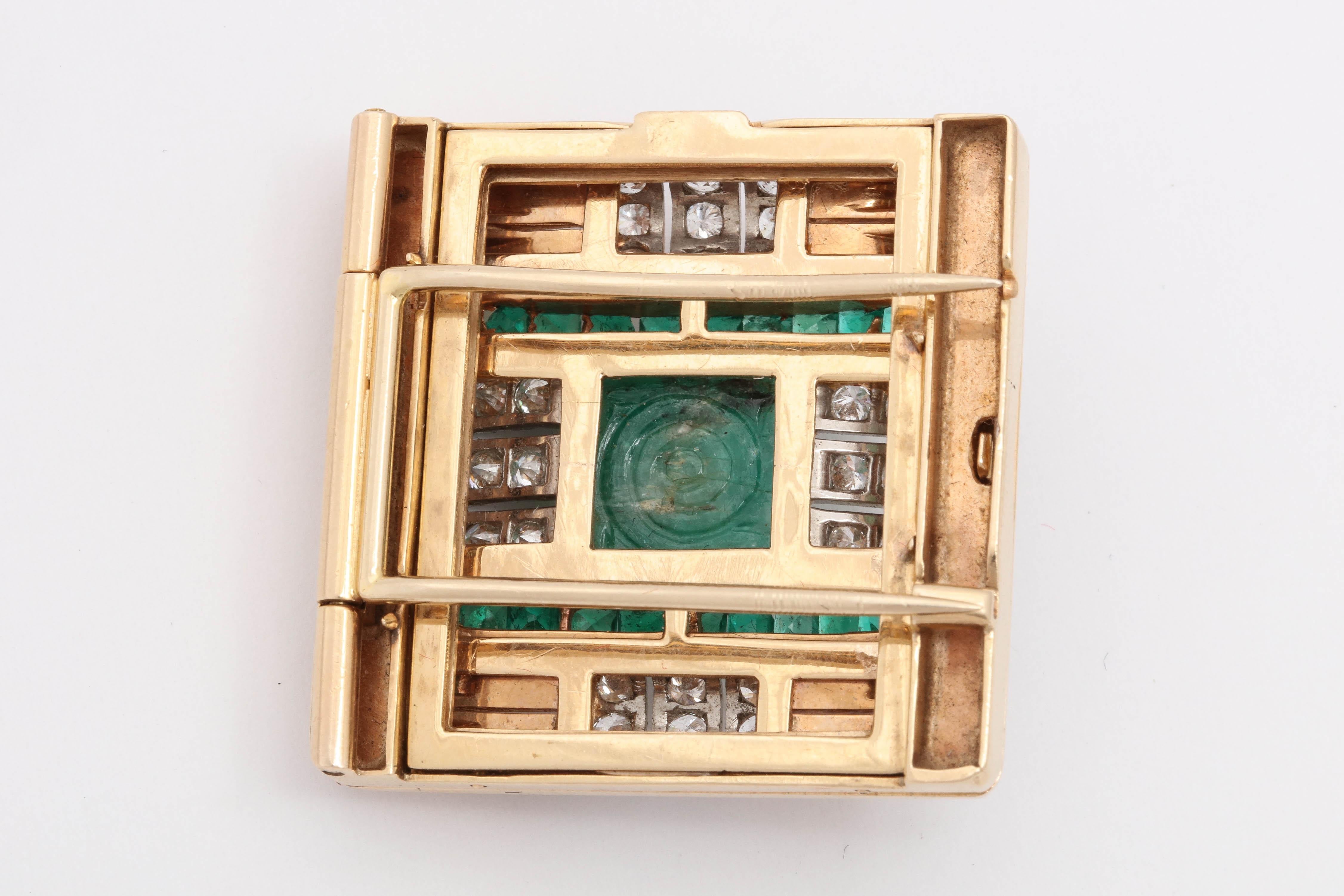 1940s Carved Emerald with Square Cut Emeralds and Diamonds Geometric Clip Brooch For Sale 1