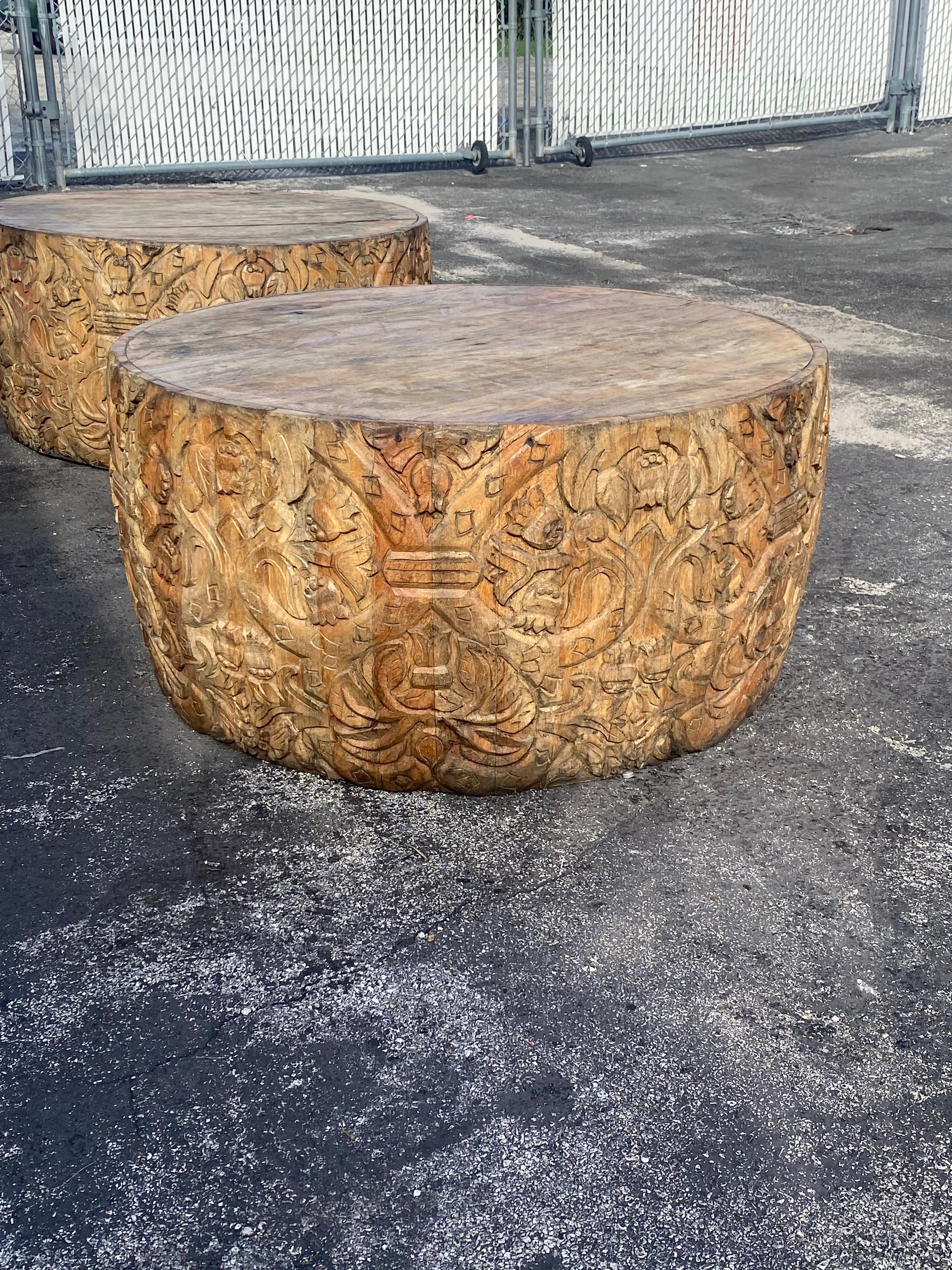 1940s Heavily Carved Teak Gilt Wood Round Drum Coffee Tables, Set of 2 For Sale 5
