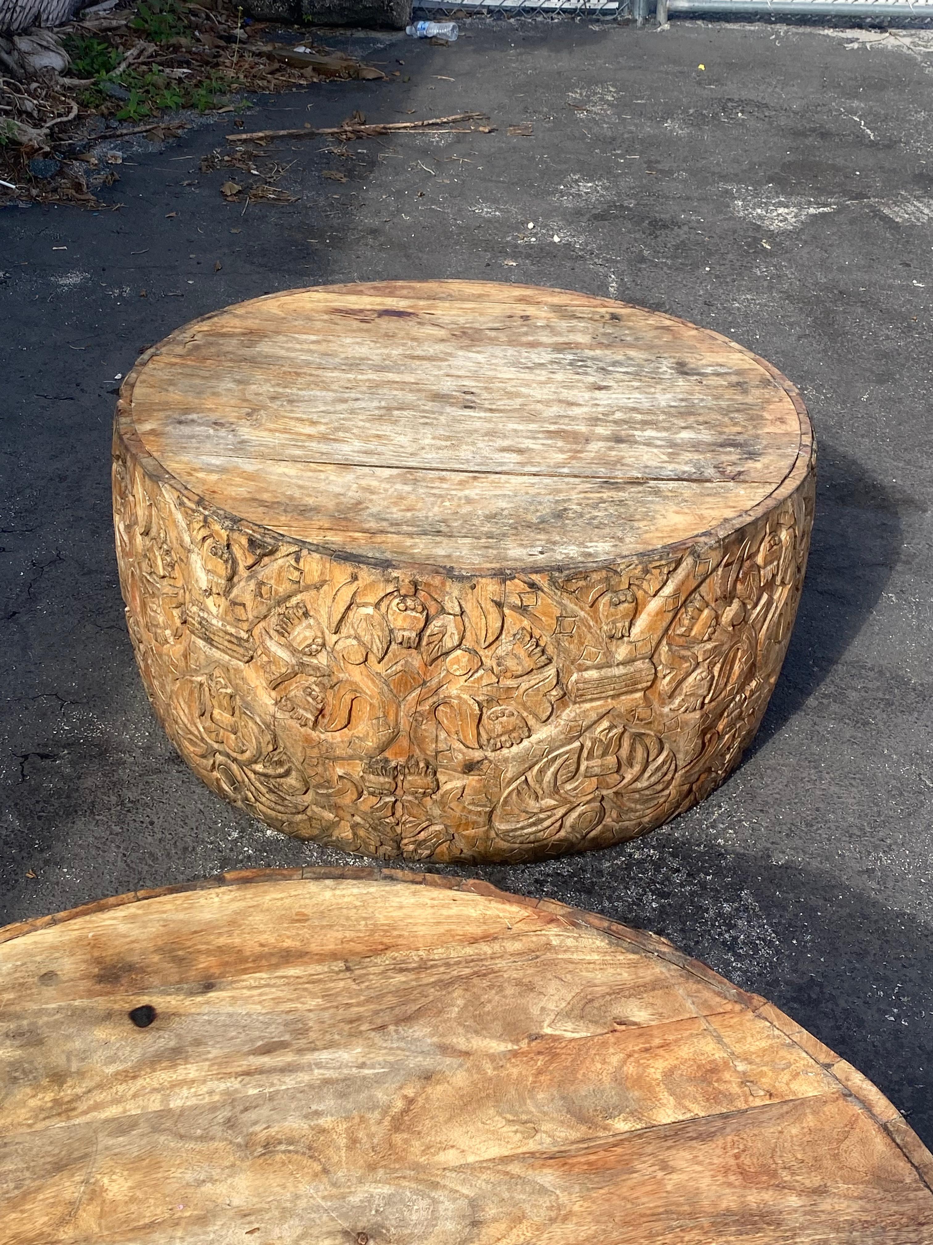 1940s Heavily Carved Teak Gilt Wood Round Drum Coffee Tables, Set of 2 For Sale 6