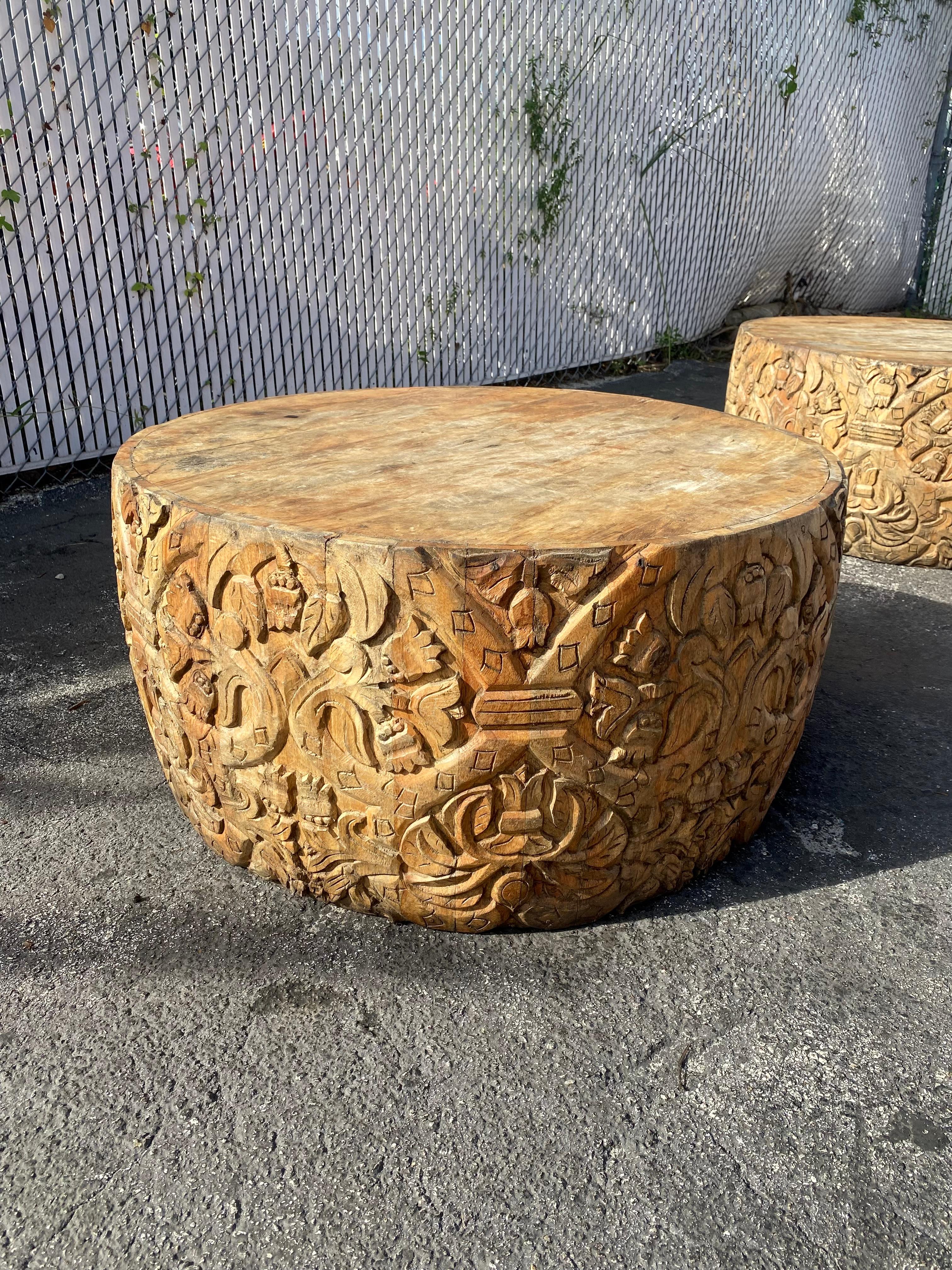 1940s Heavily Carved Teak Gilt Wood Round Drum Coffee Tables, Set of 2 For Sale 8