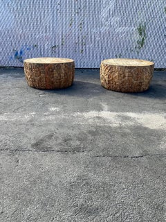 1940s Heavily Carved Teak Gilt Wood Round Drum Coffee Tables, Set of 2