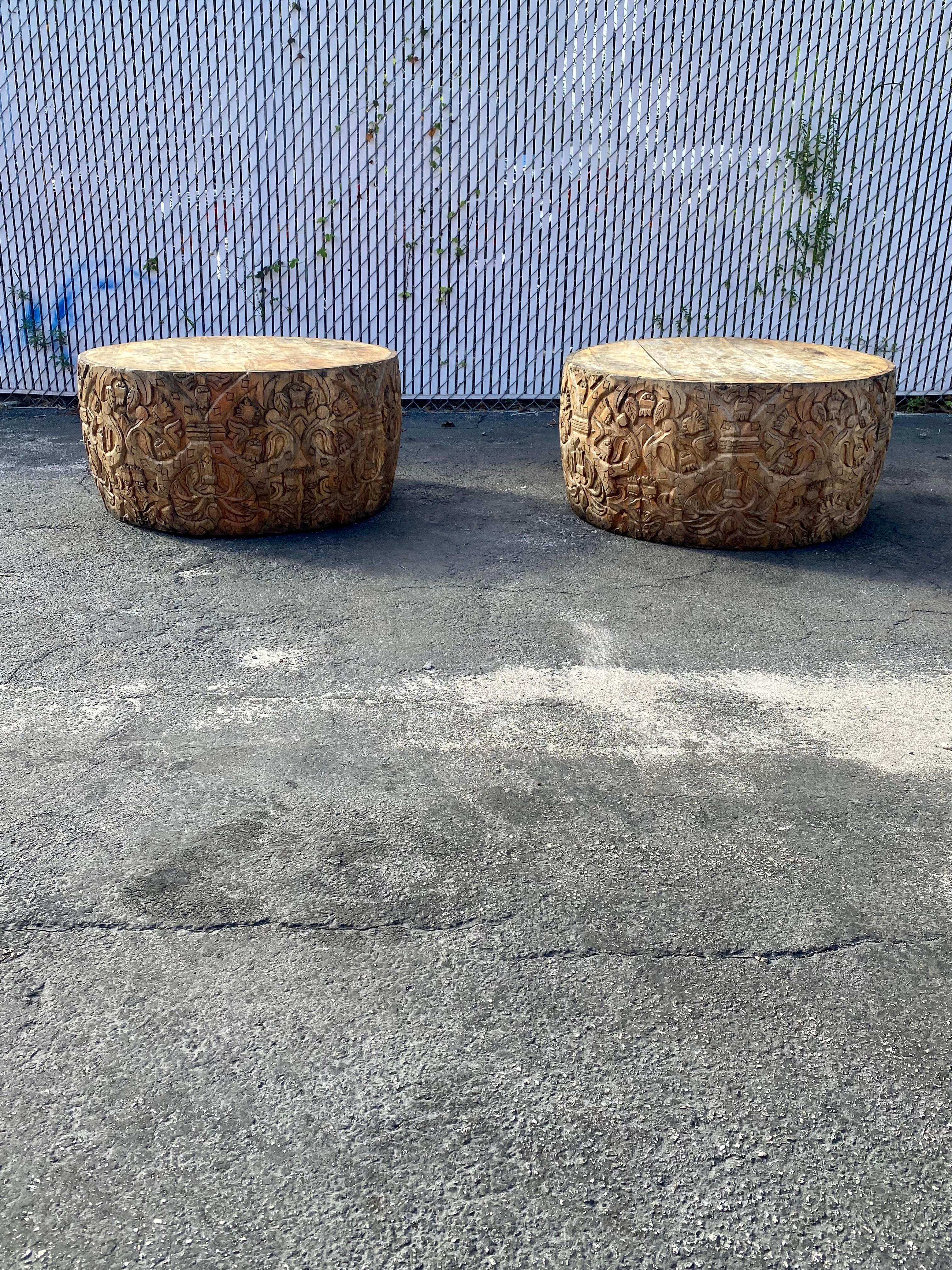 Folk Art 1940s Heavily Carved Teak Gilt Wood Round Drum Coffee Tables, Set of 2 For Sale