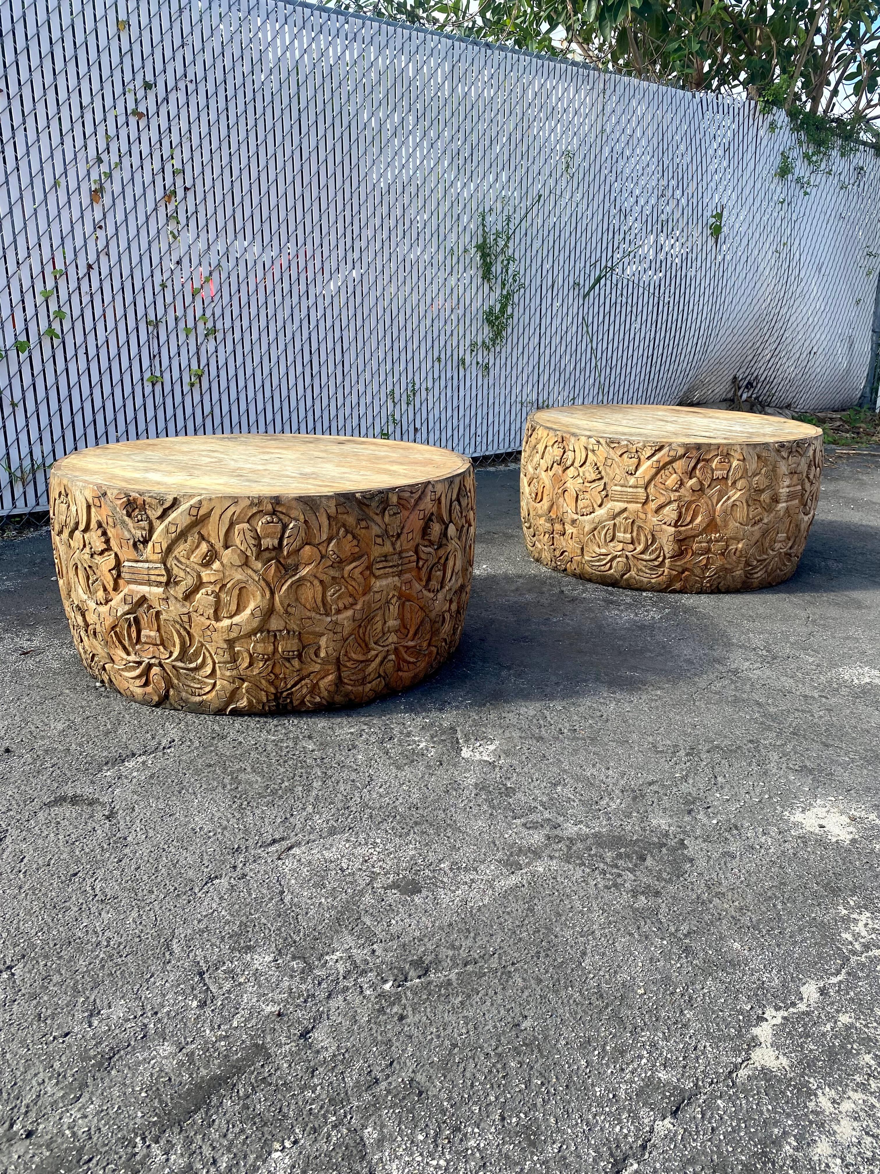Mid-20th Century 1940s Heavily Carved Teak Gilt Wood Round Drum Coffee Tables, Set of 2 For Sale