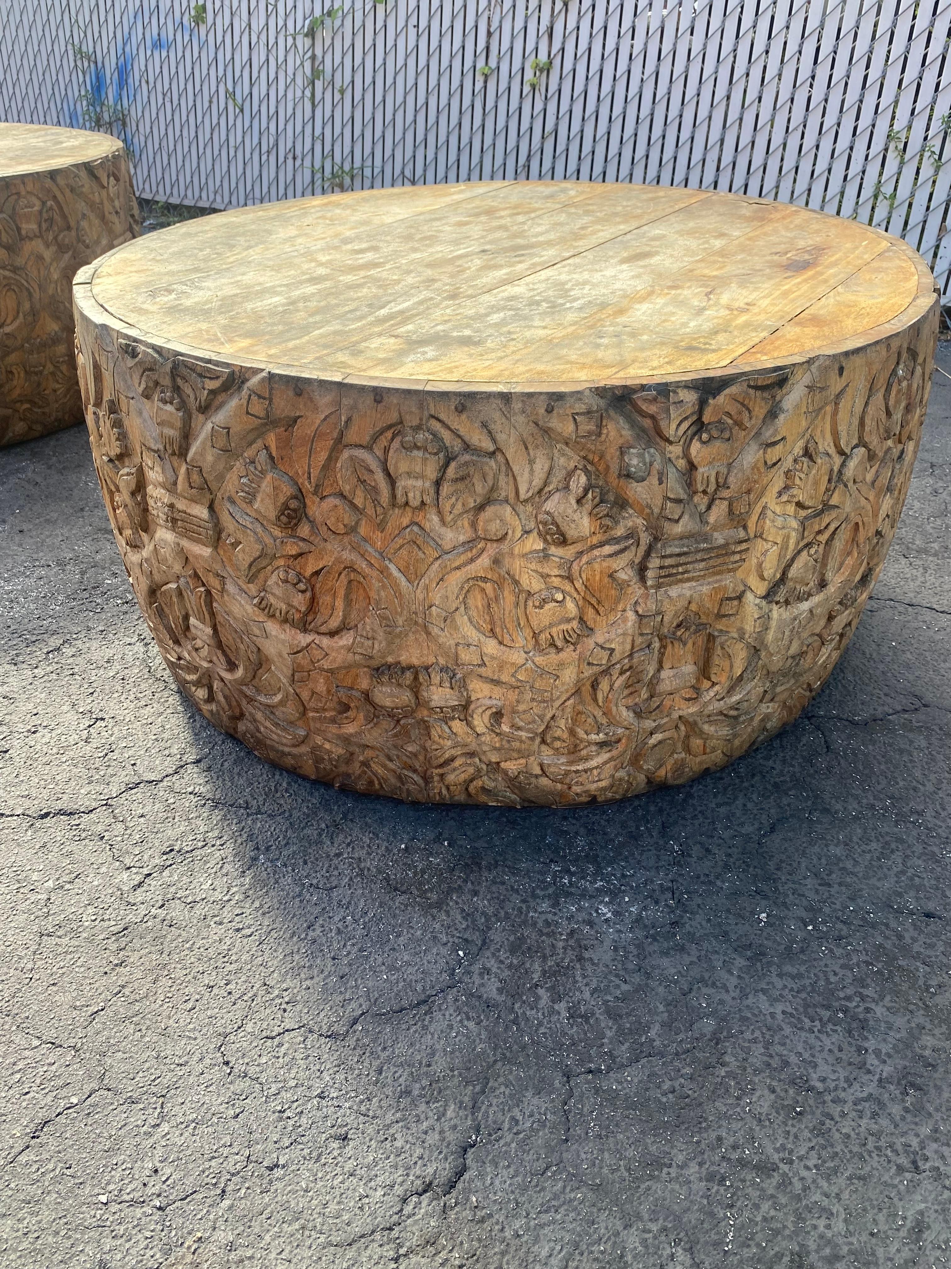 1940s Heavily Carved Teak Gilt Wood Round Drum Coffee Tables, Set of 2 For Sale 2