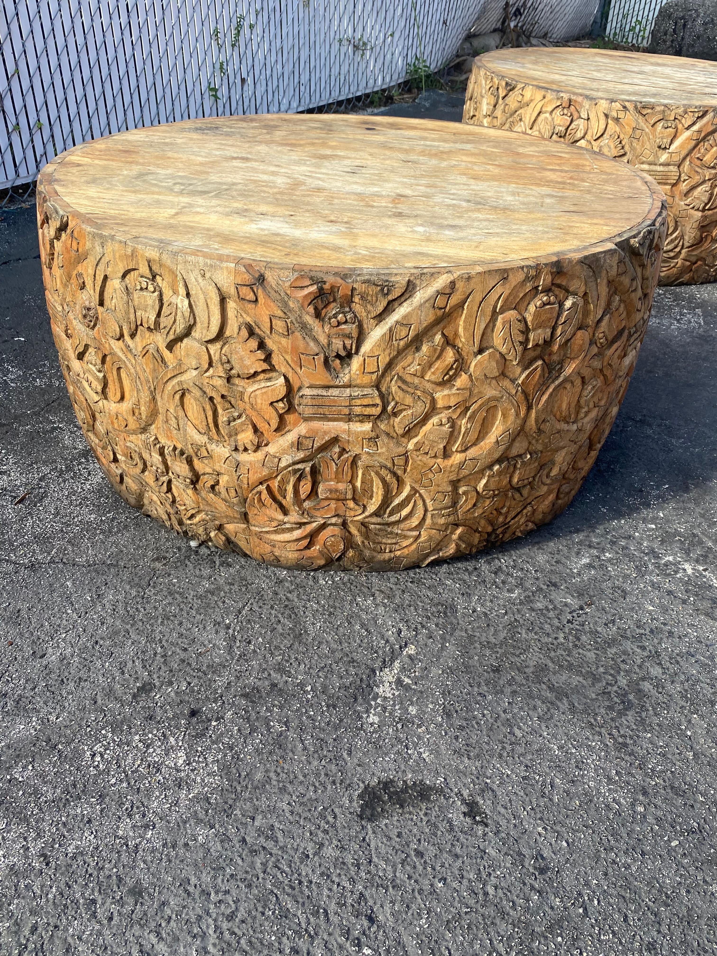 1940s Heavily Carved Teak Gilt Wood Round Drum Coffee Tables, Set of 2 For Sale 3
