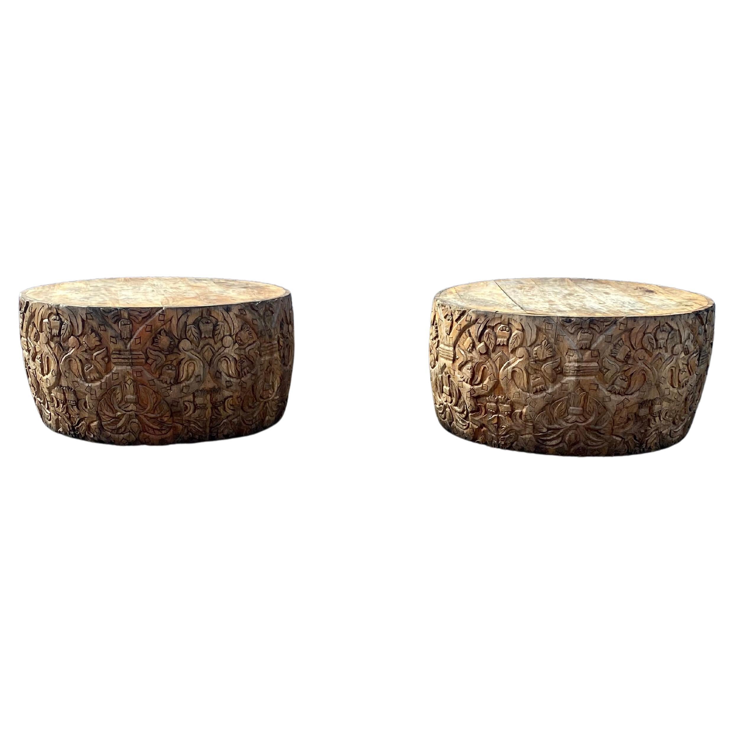 1940s Heavily Carved Teak Gilt Wood Round Drum Coffee Tables, Set of 2 For Sale