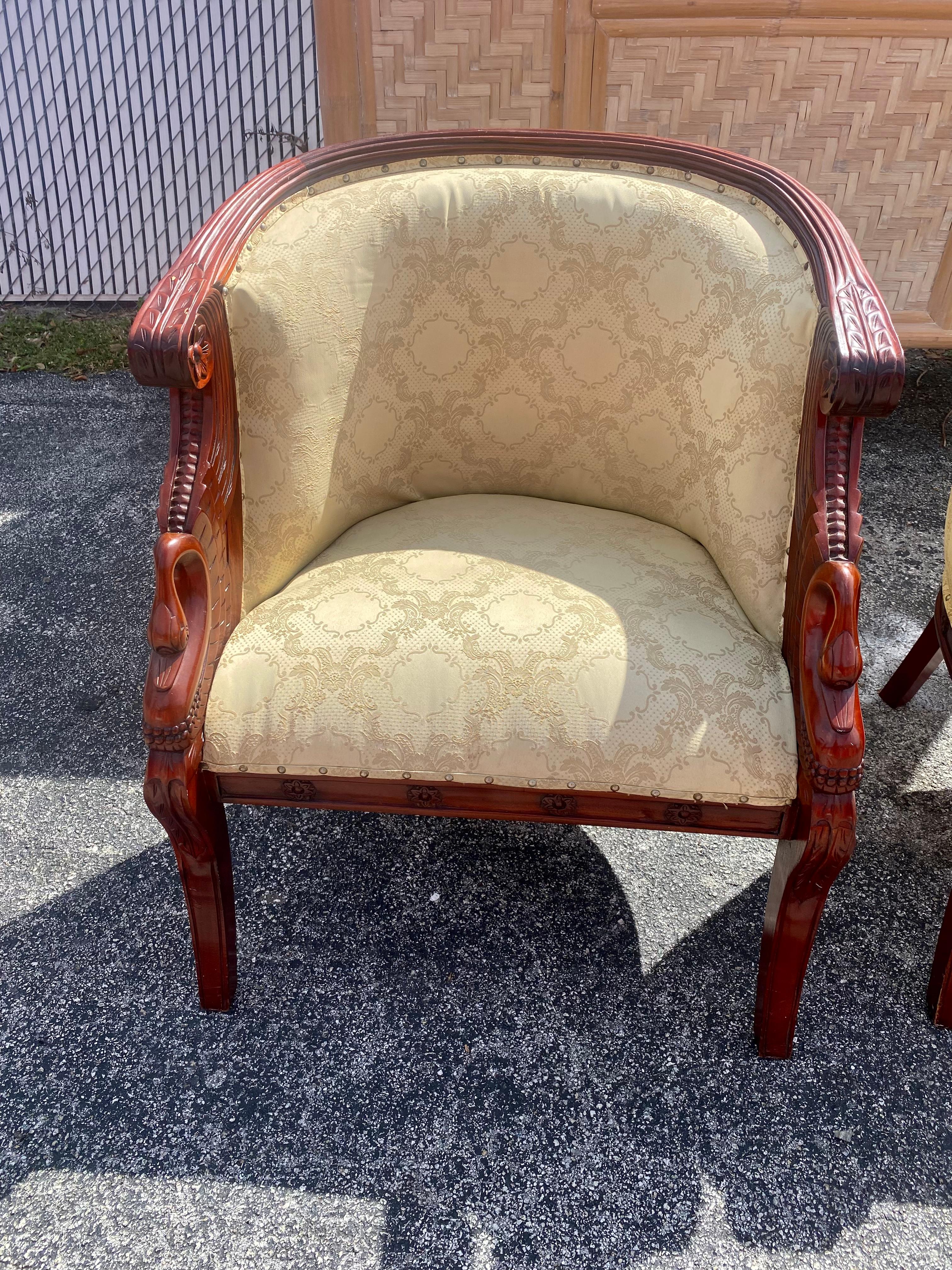 1940s Carved Gilt Wood Swan Barrel Chairs, Set of 2 For Sale 3