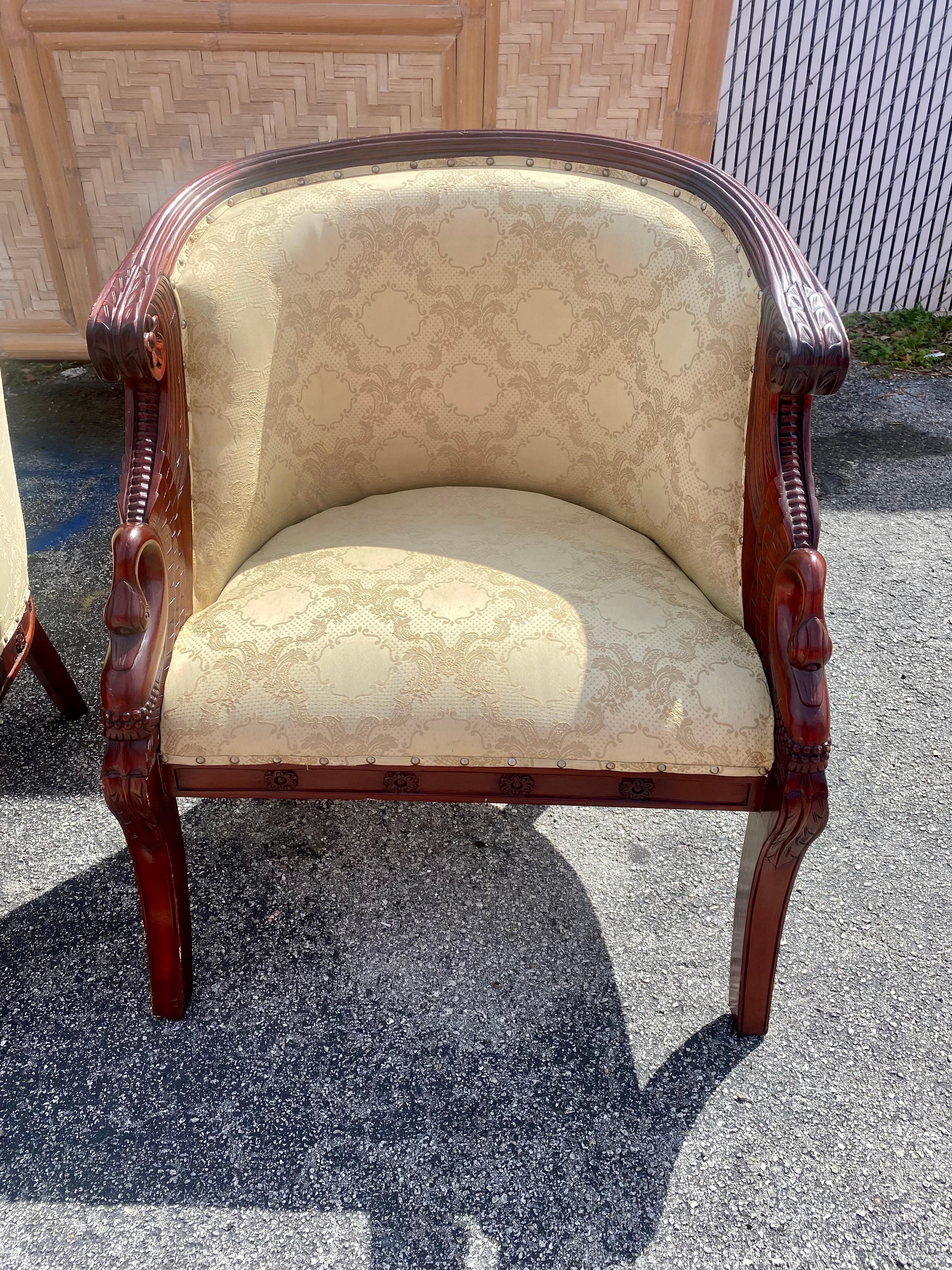 1940s Carved Gilt Wood Swan Barrel Chairs, Set of 2 For Sale 4