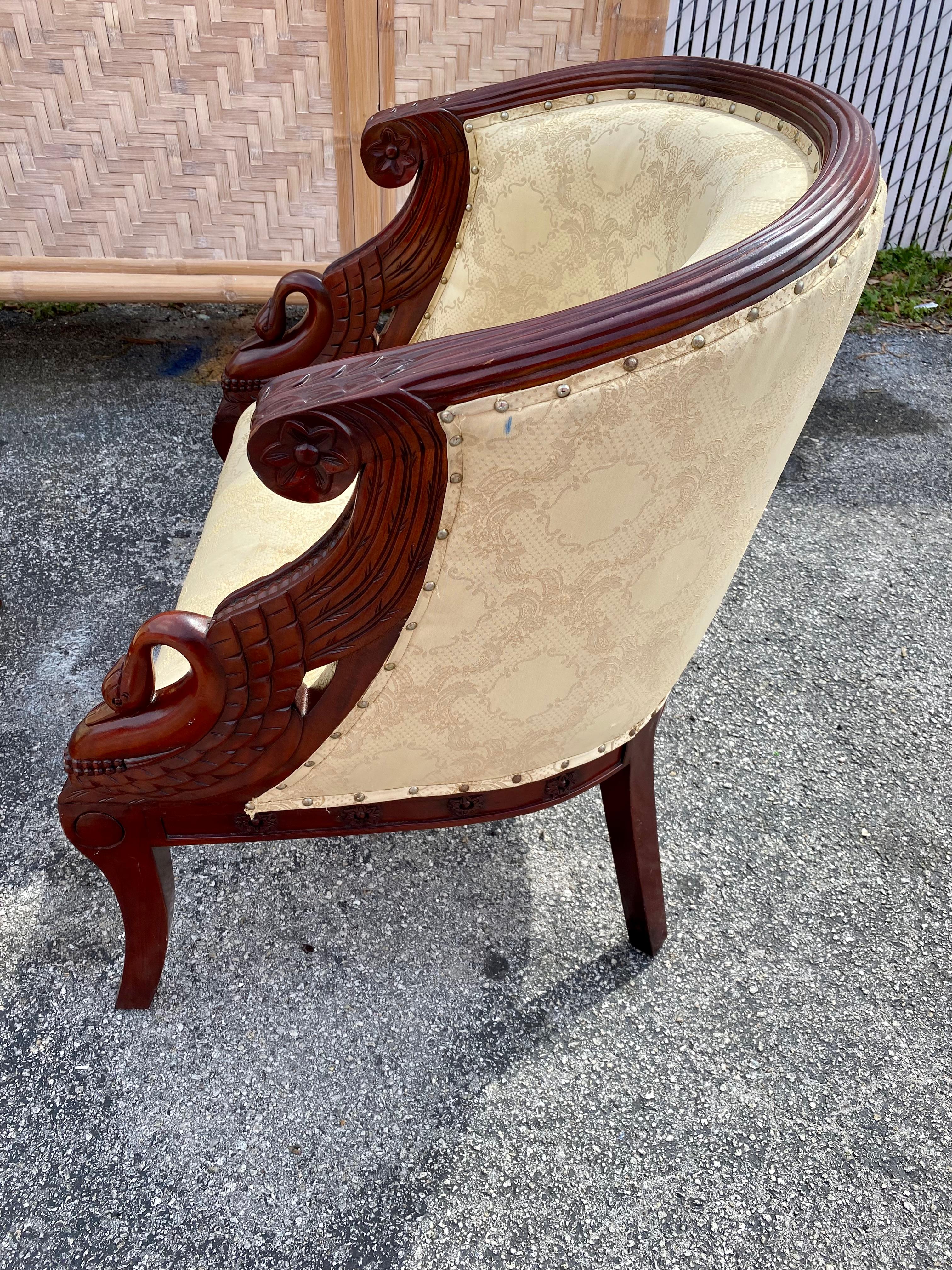 1940s Carved Gilt Wood Swan Barrel Chairs, Set of 2 For Sale 6