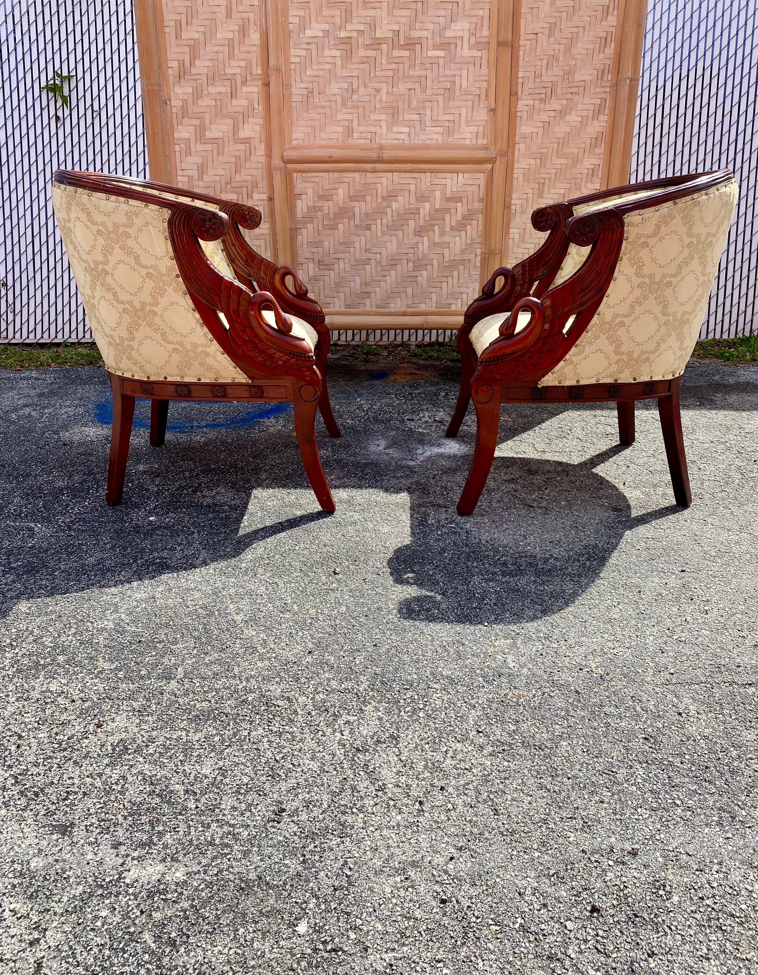 Empire 1940s Carved Gilt Wood Swan Barrel Chairs, Set of 2 For Sale