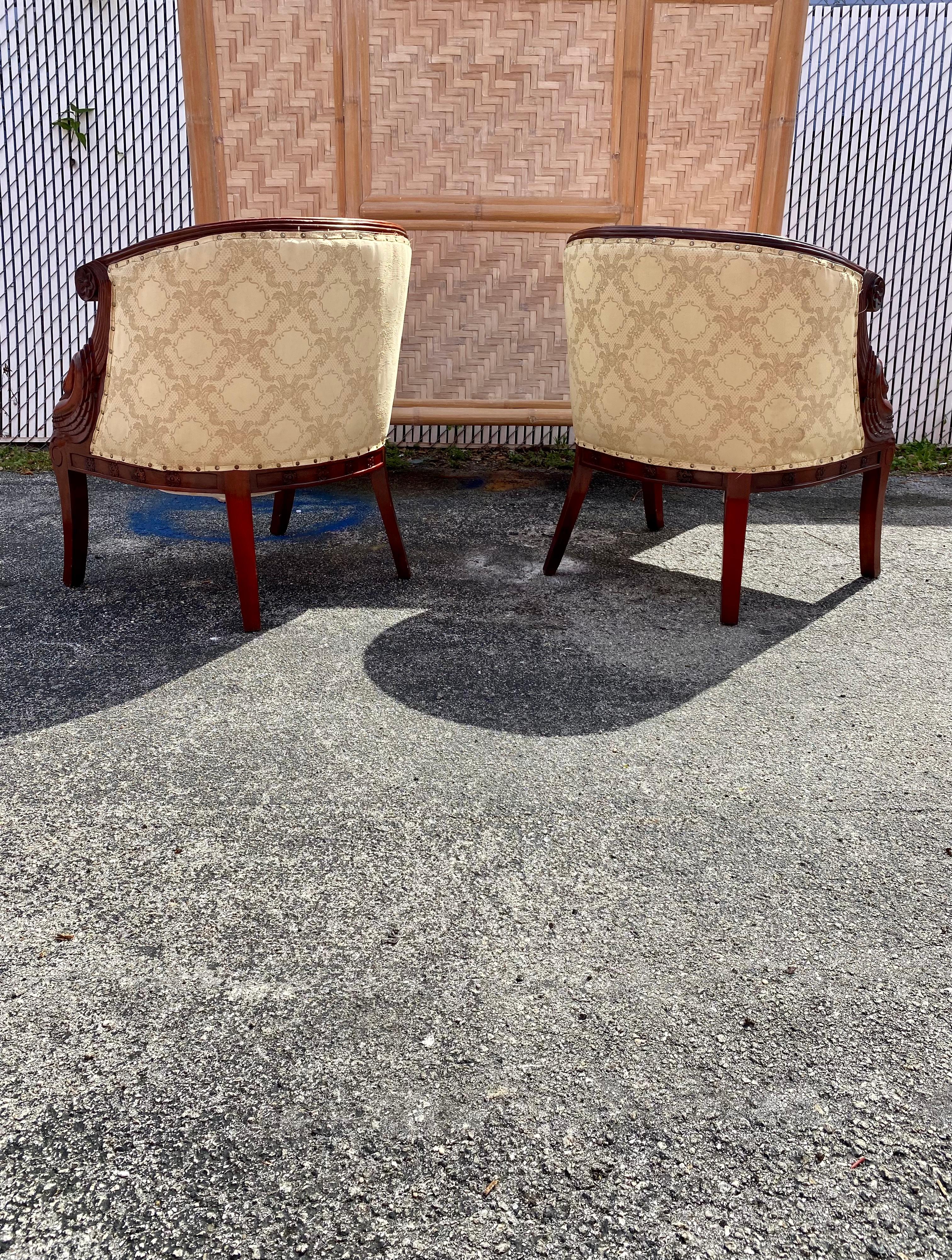 Upholstery 1940s Carved Gilt Wood Swan Barrel Chairs, Set of 2 For Sale