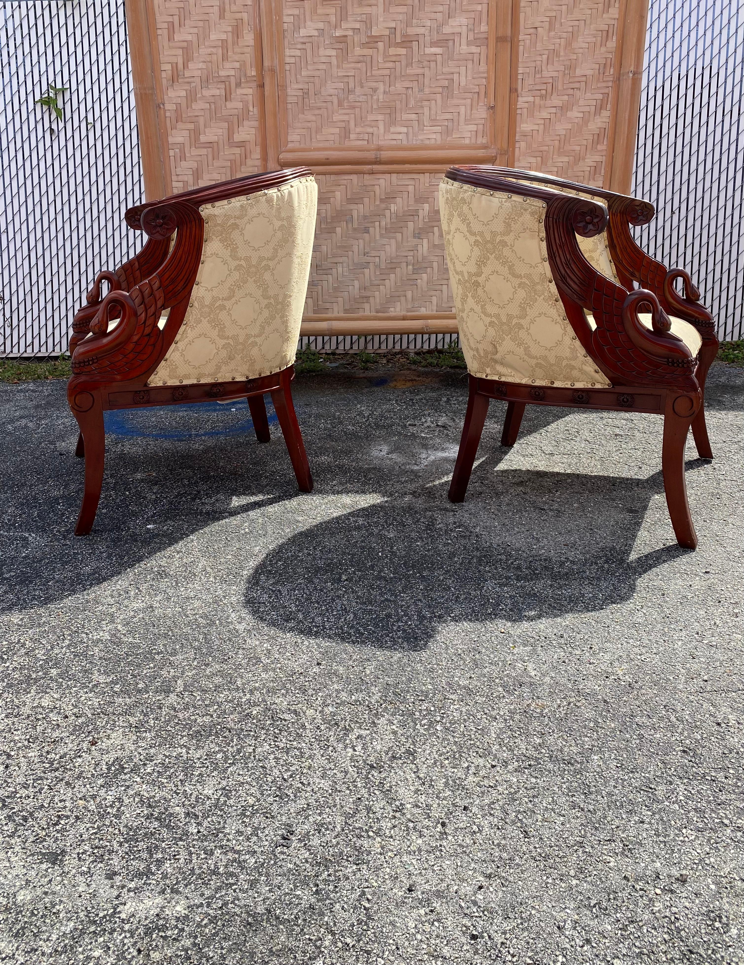 1940s Carved Gilt Wood Swan Barrel Chairs, Set of 2 For Sale 1